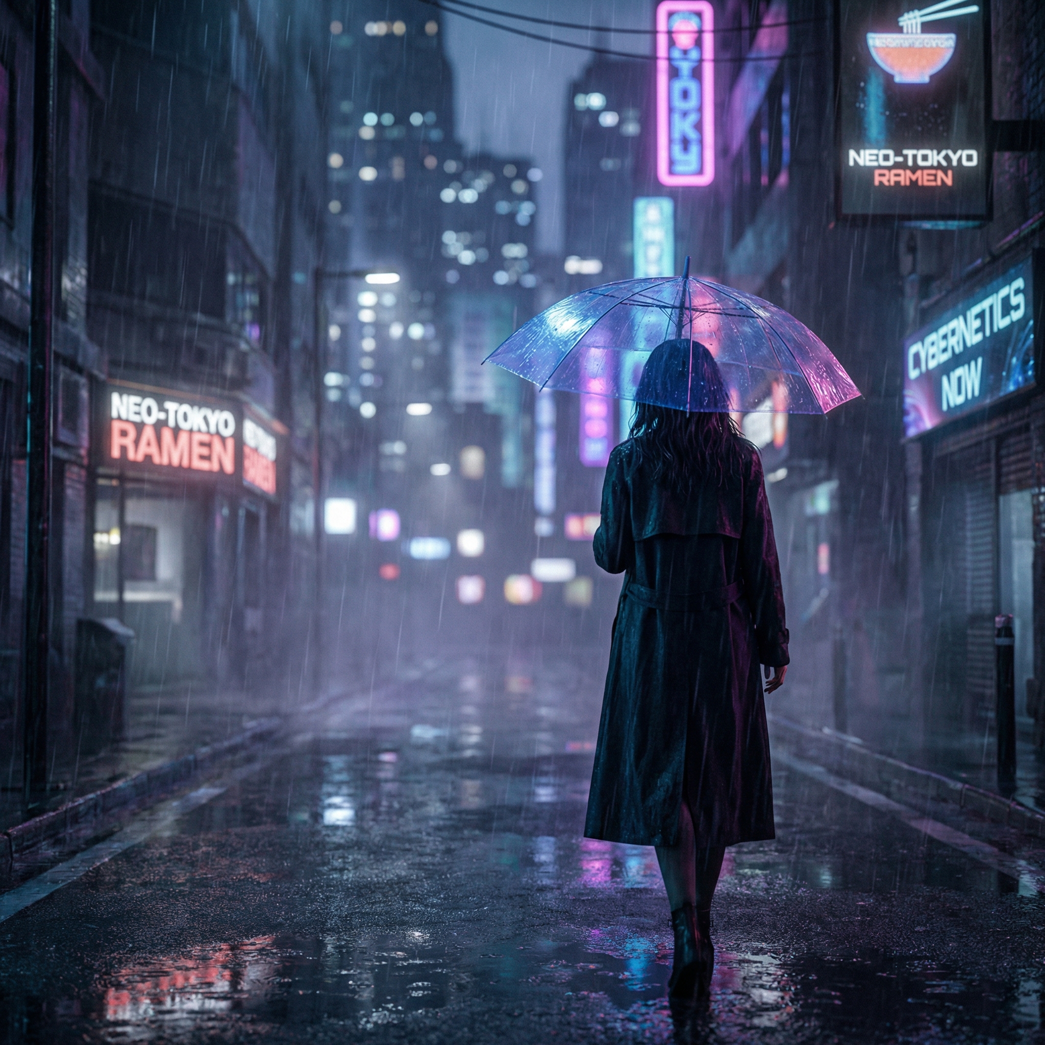 A full-body shot of a young woman walking alone down a deserted, neon-lit cyberpunk street on a heavy rainy night. She is holding a clear umbrella, which reflects the vibrant blues, purples, and pinks of the surrounding signs. Her dark hair is slightly wet, clinging to her face. The wet pavement reflects the city lights like a mirror. The atmosphere is melancholic and cinematic. Detailed rain droplets are visible. Shot on an 85mm lens, f/1.8, bokeh city lights, film noir aesthetic, ultra-realistic, 8k.