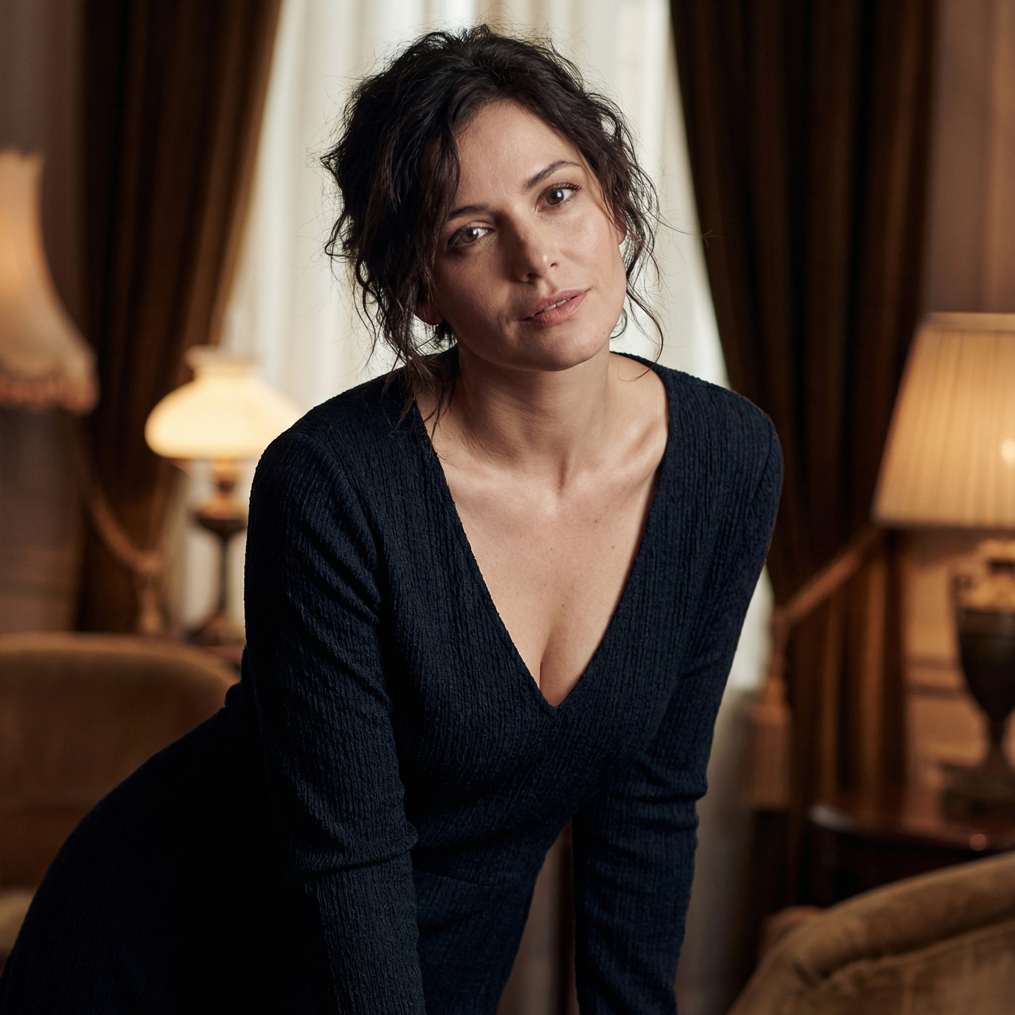 A sensual woman leaning slightly forward, deep neckline dress, subtle cleavage, inviting gaze, soft focus background, intimate framing, realistic skin highlights, moody lighting, editorial sensual photography