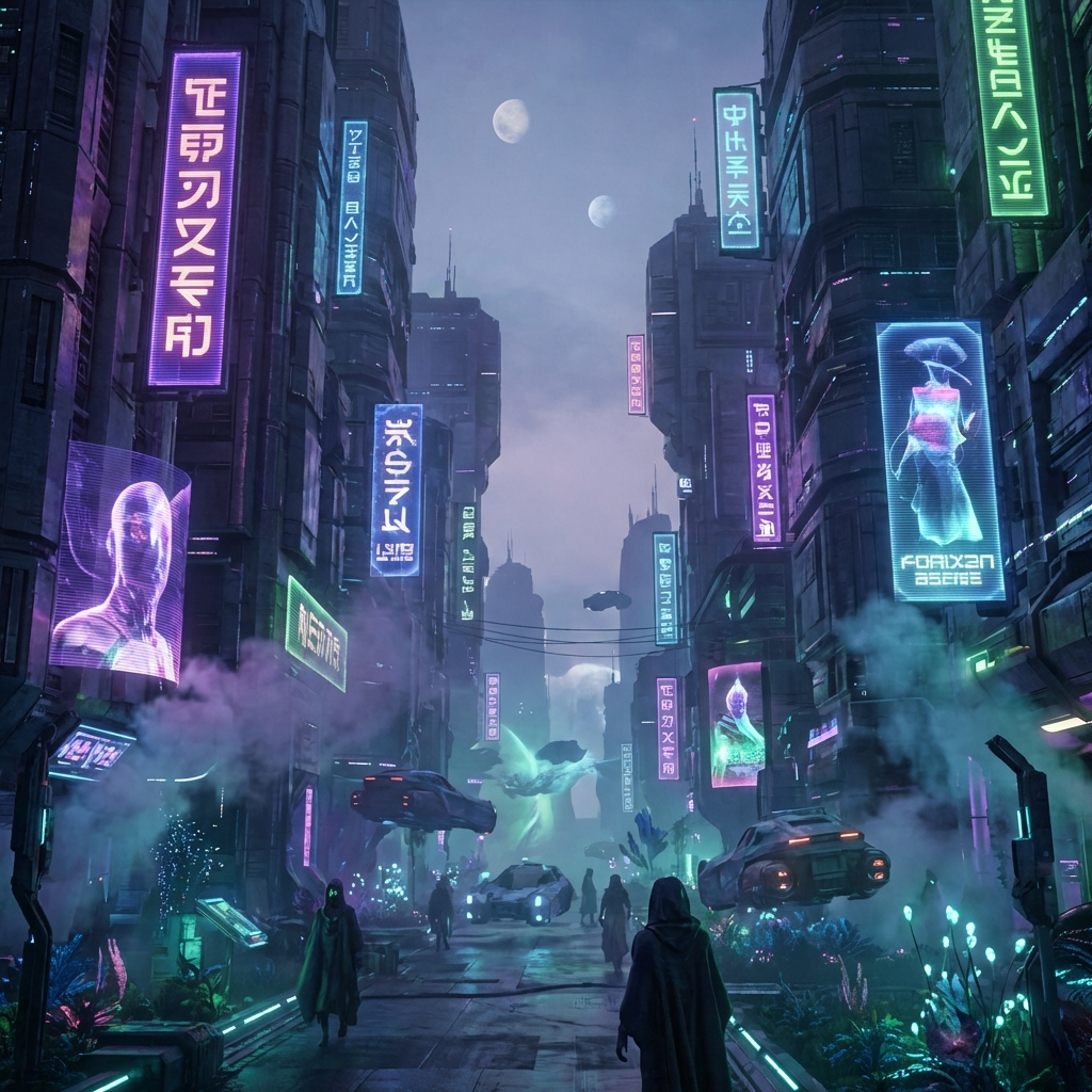 On an alien planet, a cyberpunk urban street scape, the buildings are futuristic, the camera moves slowly forward.