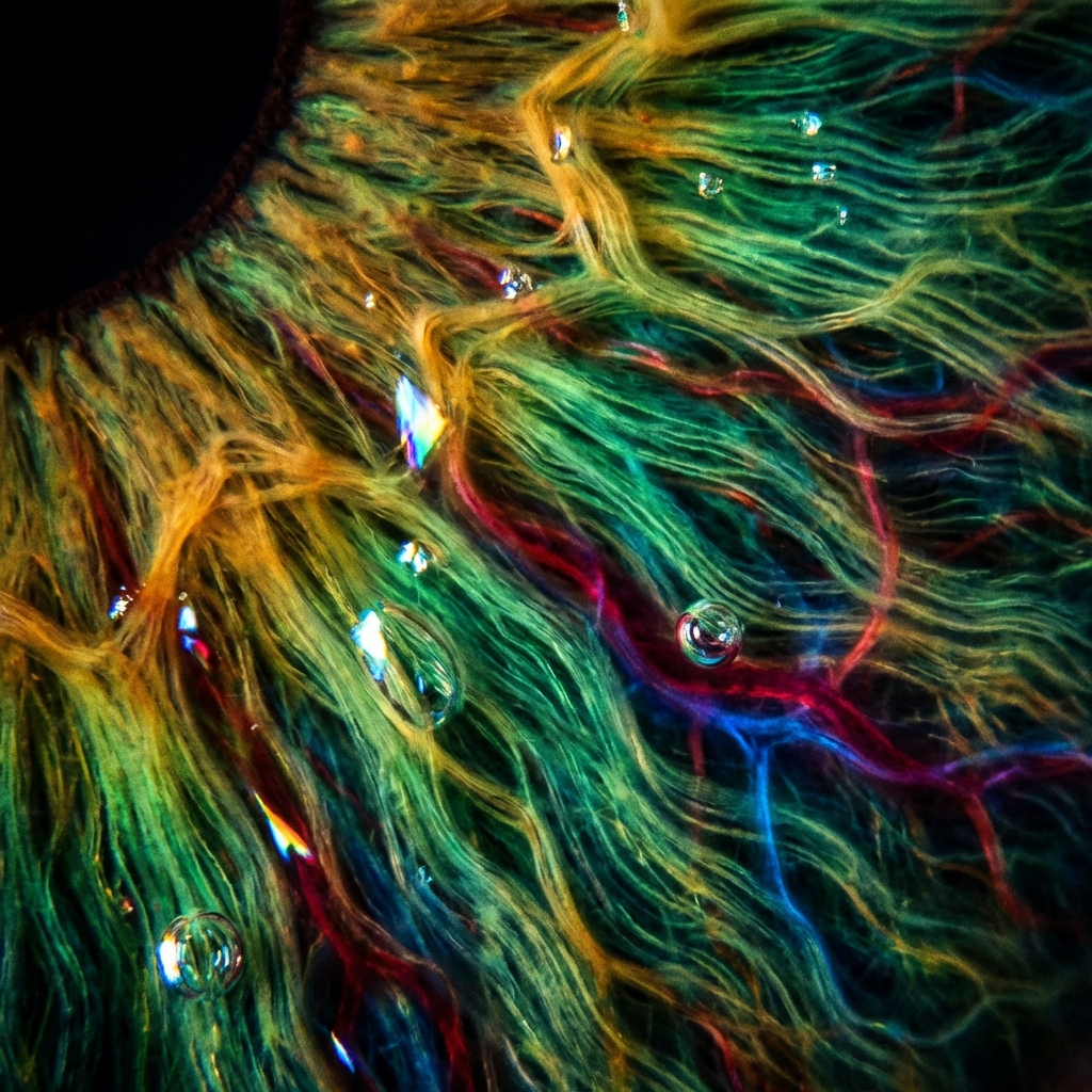 Extreme macro view of a human iris transformed into a microscopic landscape — fibrous muscle strands appear like woven silk, capillaries glow deep crimson and sapphire, and crystalline moisture reflects prismatic light. The color palette shifts from emerald green to amber gold with ultra-fine texture detail visible at cellular scale. Hyper-sharp focus, scientific realism blended with artistic lighting, ultra-high resolution, shallow depth of field, dramatic contrast, intense clarity.