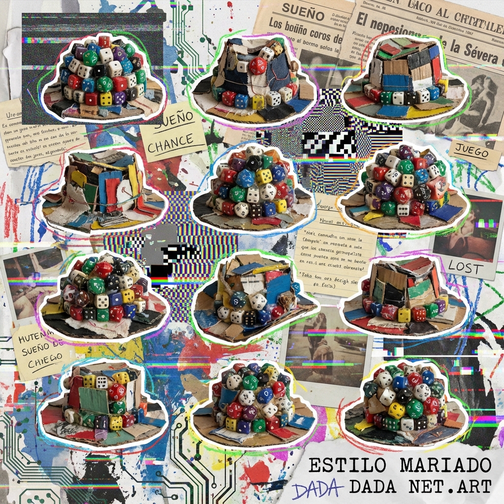 dream twelve hats made of dices into the Estilo Mariado style. AR 9:16
The "Estilo Mariado" style may be layered with RGB glitch textures, analog video noise, scribbled outlines, scanned collage fragments, or generative code patterns, in addition to other leftover debris from excesses found in a plastic artist, such as scraps of paper, cloth, paint, wood, or any other leftover material. Occasionally, random words typed by hand may drift throughout the composition. Inspired by early net.art, Dadá, Camp, mixed media, Nam June Paik, and Latin American underground zines within the Surrealist movement, the mood combines experimental playfulness with sentimental feelings.