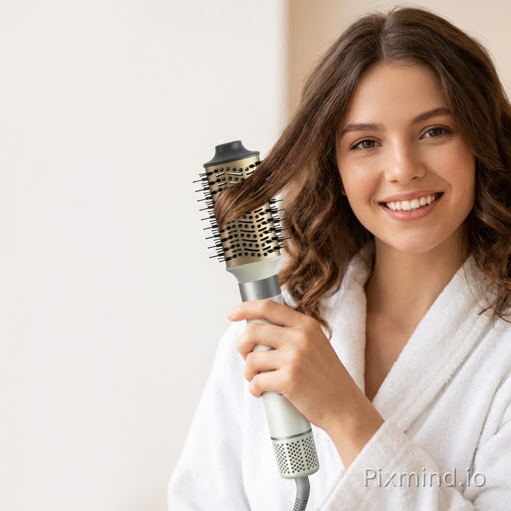 A foreign girl with slightly curly, coffee-colored hair and fairer skin is facing forward with a bright smile. She occupies almost half of the entire image, positioned slightly to the right. In her right hand, she holds this product, curling a strand of hair, with the curling iron centered in the frame. The girl is wearing a bathrobe, leaving empty space reserved in the top-left corner and on the left side.