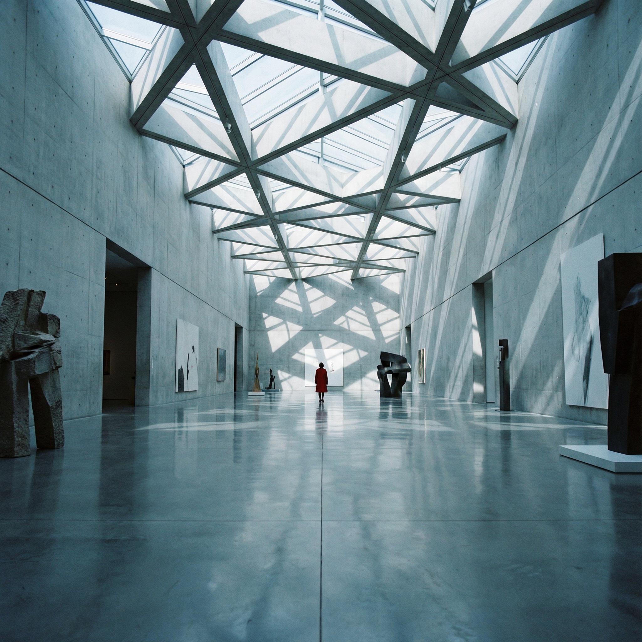 Interior wide shot of a minimalist modern art museum gallery. The space features high concrete walls, a polished concrete floor reflecting the artworks, and a complex geometric skylight casting sharp, angular shadows on the floor. A single person in a red coat stands in the distance for scale. Perfect linear perspective, symmetry, architectural photography, cool color tone, soft daylight, 16mm wide-angle lens.