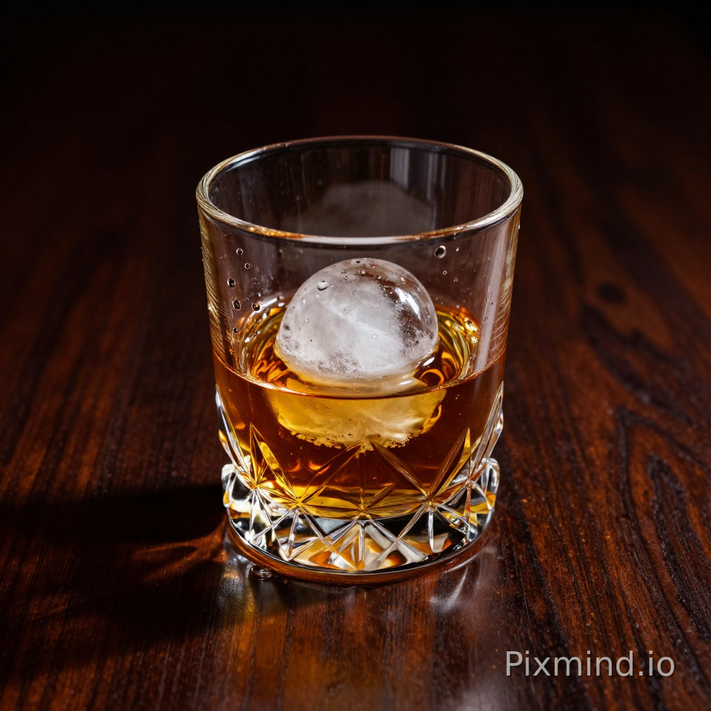A product photography shot of a crystal rock glass filled with amber whiskey and a single large clear ice sphere. The glass sits on a dark, polished mahogany table. Harsh rim lighting creates dramatic caustic patterns on the wood surface. Condensation droplets cling to the side of the glass. The ice creates complex refractions. Dark moody atmosphere, ray-tracing rendering style, sharp focus, 8k.