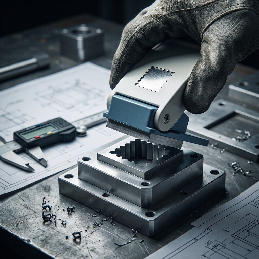 Professional industrial macro photography, the provided large metal punch tool is being precisely installed by a gloved hand into a clean, precision die set. The scene is on a metal workbench with technical drawings and a digital caliper visible in the blurred background. Dramatic side lighting from a single source, highlighting the sharp cutting edge and metallic texture of the punch. Photorealistic, hyper-detailed, focus on the hand-tool interaction, shallow depth of field, industrial ambiance, color palette of steel gray, slate blue, and dark charcoal. --ar 4:3 --style raw --iw 2