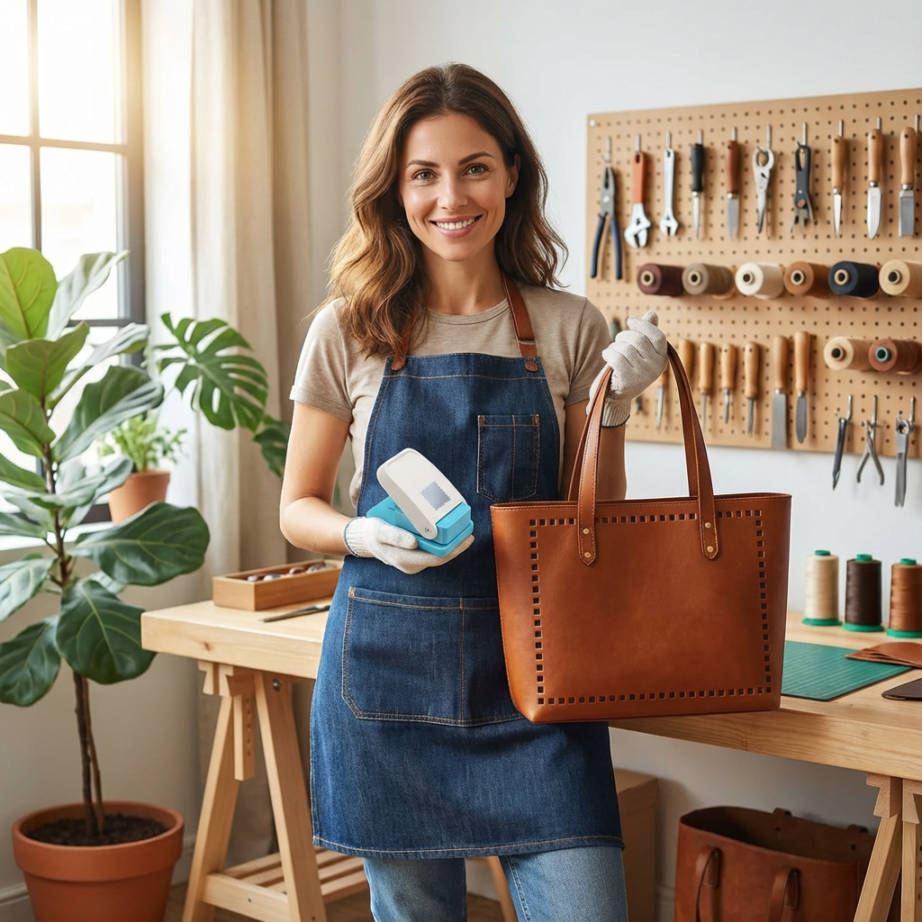 Amazon product main image, bright and aspirational lifestyle photo. A stylish, confident woman in her 30s, wearing a clean apron over casual clothes, holds the provided precision metal punch tool in one gloved hand, and a beautifully crafted leather bag with clean punched holes in the other. She smiles proudly in her bright, organized home workshop with wooden workbench, pegboard with neat tools, and large plants. Sunlight streams through a nearby window. The image conveys empowerment, creativity, and professional results at home. Photorealistic, sharp focus on product and her face, warm and inviting tone. --ar 1:1 --style raw --iw 1.8