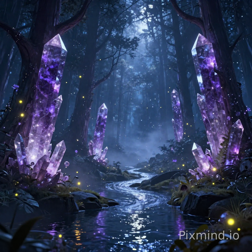 Epic fantasy landscape, a bioluminescent crystal forest at night, giant glowing amethyst and quartz trees, a sparkling river reflects the starlight, mysterious fireflies floating in the air, ethereal mist, hyperdetailed, unreal engine 5 render, cinematic lighting, by Greg Rutkowski and Thomas Kinkade, trending on ArtStation. 8K resolution.
