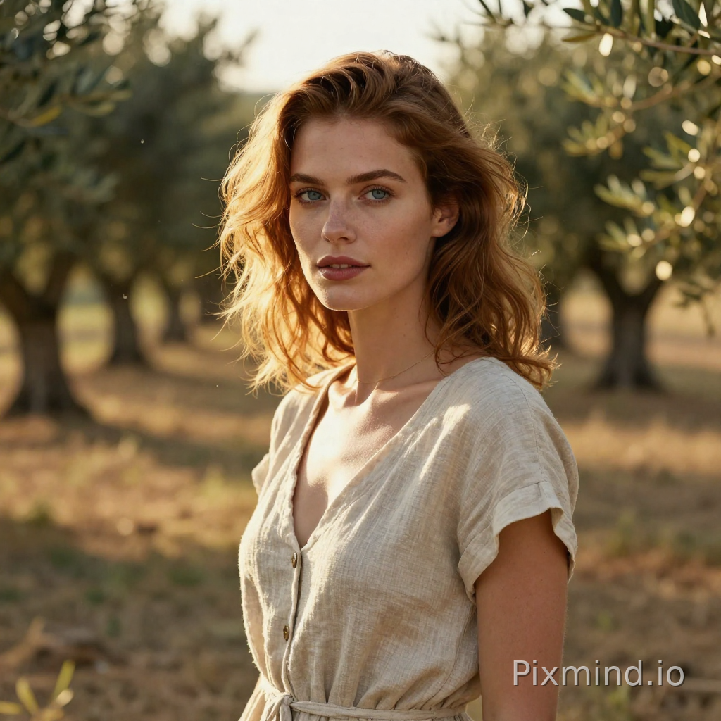 Hyperrealistic photography, a stunning European woman with delicate features, piercing blue eyes, and auburn hair, stands in a sun-drenched Italian olive grove at golden hour. She is looking softly at the camera, a slight, contemplative smile on her lips. She wears a simple, elegant linen dress. The warm, late afternoon sunlight creates dramatic shadows and highlights, catching the dust particles in the air. The background shows rows of ancient olive trees with gnarled trunks on a rolling hill. The image is captured with a Canon EOS R5, 85mm f/1.2 lens, creating a stunning, shallow depth of field and creamy bokeh. Photorealistic, skin details and fabric texture are incredibly sharp. Style of Annie Leibovitz and Peter Lindbergh.