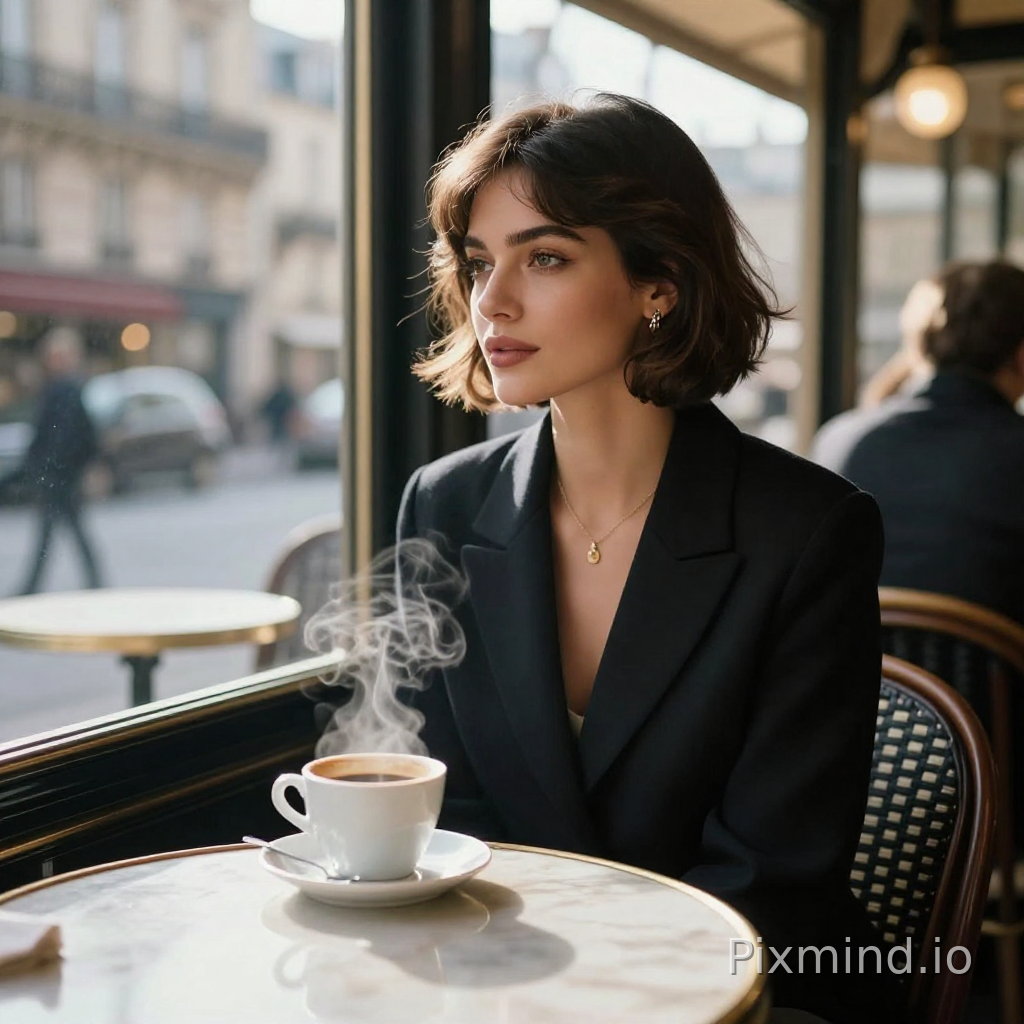 Hyperrealistic portrait photography, a beautiful Parisian woman with chic bob haircut and elegant attire, sitting by the window of a classic Parisian café. Natural morning light streams in, illuminating her face and the steam from her coffee cup. Reflections on the marble tabletop, background is softly blurred with patrons and street life outside. Shot on Leica M11, 50mm Summilux lens, lifelike skin texture and mood.