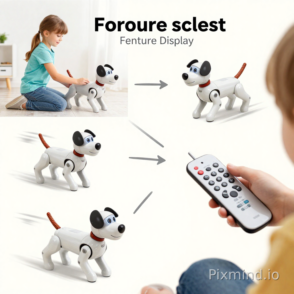 Feature Display Diagram - Show scenes of the robot dog interacting with children, such as a child using a remote control to operate the robot dog. - Add dynamic elements like motion trail lines to highlight its movement abilities. Include text in English.Remote control