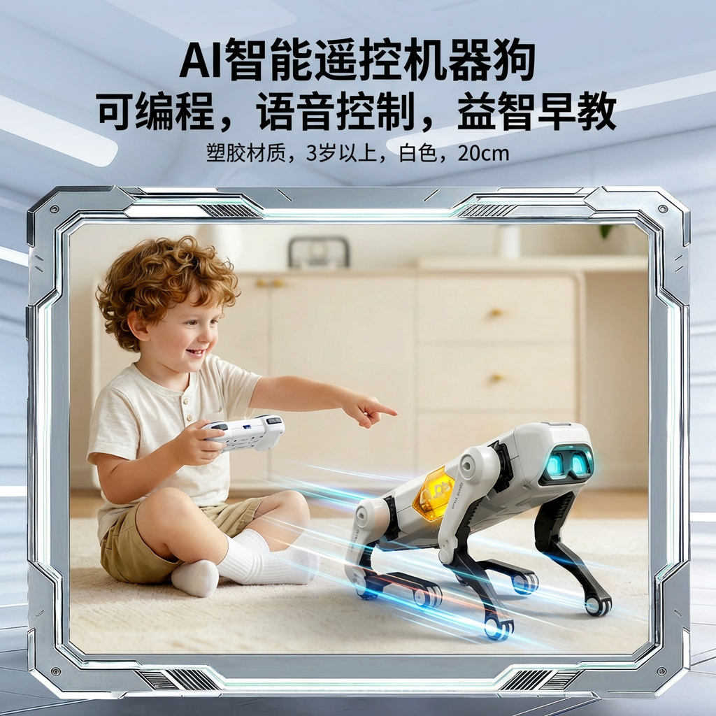 2. Function Display Image - Show scenes of the robot dog interacting with children, such as a child using a remote control to operate the robot dog. - Add dynamic elements, such as motion trail lines, to showcase its mobility. AI Smart Remote-Controlled Robot Dog - Programmable toy, interactive voice control feature, educational robot for children, made of plastic, suitable for children over 3 years old, white, 20cm.