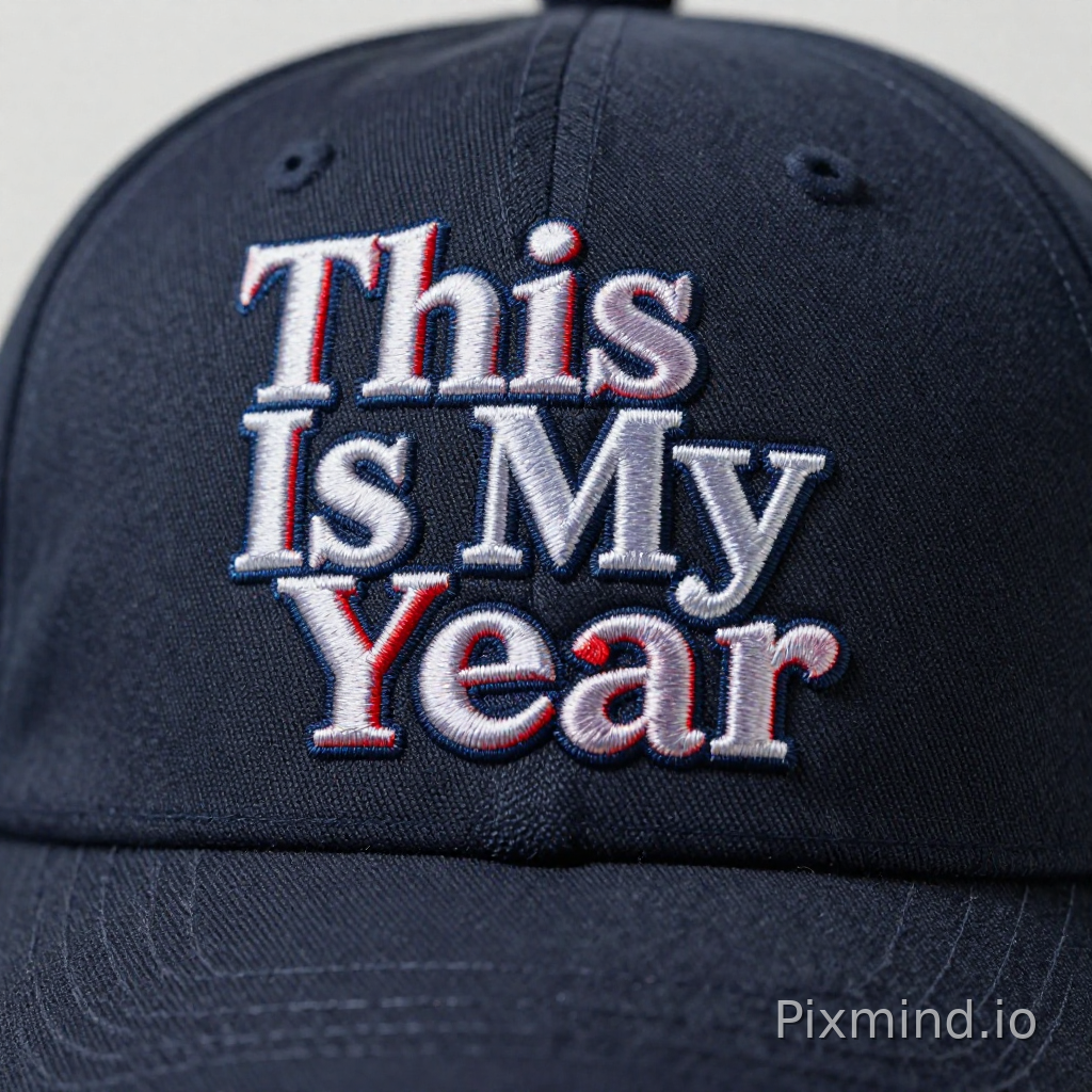 "This Is My Year" 字母的定制化刺绣标志设计, 徽章式构图, 融合美式复古刺绣工艺与现代图形设计元素, 强调其独特个性与精致细节。设计需适合棒球帽佩戴,
具备吸引美国大众的审美特征。
**艺术风格:** 美式学院风与手工刺绣艺术的结合,线条简洁流畅,图案精巧,具有经典与现代感。
**光照:** 柔和的工作室布光,突出刺绣线材的立体感、绒面质感和微妙光泽。
**色彩:** 沉稳的暗色或中性基调,搭配经典的美式红白蓝点缀,或采用饱和度适中的活力色彩,整体配色方案和谐且富有冲击力。
**构图:** 标志特写,居中且比例完美,背景简洁,突出主体。
**细节:** 极致细腻的刺绣针脚纹理,清晰锐利的字母边缘,丝线的光泽感,高分辨率,每一个线头都清晰可见。
**质量标签:** 杰作,顶级品质,专业级平面设计渲染,8K,高清晰度,电影级别细节,超写实。
**位置:** 棒球帽正面的特写镜头,非常正,不要侧面