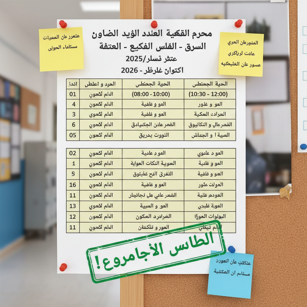بناءً على المعلومات التي قدمتها، يبدو أنك تبحث عن تأكيد أو تفاصيل حول **رزنامة فروض الفصل الثاني** للسنة الدراسية 2025/2026 الخاصة بمتوسطة **زحاف قدور** ببلدية **السواني** (ولاية تلمسان).
إليك بعض الملاحظات والتوجيهات الهامة بما أننا اليوم بتاريخ **25 جانفي 2026**، أي قبل أسبوع تقريباً من انطلاق الفروض:
**1. ملاحظة حول التواريخ:**
* **من الأحد 01 فيفري 2026:** هذا التاريخ مناسب جداً لبداية الفروض، حيث يوافق بداية الأسبوع الدراسي.
* **إلى الخميس 12 فيفري 2026:** تمتد الفترة لأسبوعين كاملين، مما يعني أن إدارة المتوسطة قد برمجت الفروض بتوزيع مريح (ربما مادة أو مادتين فقط في اليوم) لتخفيف الضغط على التلاميذ.
**2. كيف تعرف جدول التوقيت (الرزنامة اليومية)؟**
بصفتي ذكاءً اصطناعياً، لا يمكنني رؤية الإعلانات الورقية داخل المؤسسة، ولكن يمكنك الحصول على الجدول الدقيق للمواد (مثل: متى تجرى الرياضيات؟ متى العلوم؟) عبر الطرق التالية:
* **صفحة الفيسبوك:** ابحث في فيسبوك عن **"متوسطة زحاف قدور السواني"** أو صفحات أخبار السواني التعليمية، حيث تنشر أغلب المؤسسات الجداول هناك.
* **دفتر المراسلة:** يجب على التلاميذ تدوين جدول الفروض في دفاتر المراسلة أو على كراس النصوص.
* **السبورة الإعلانية:** الجدول يكون معلقاً في فناء المؤسسة.
**3. نصائح للتلاميذ (بقي أسبوع واحد):**
بما أن الفروض تنطلق يوم **01/02/2026**:
* **استغلال هذا الأسبوع:** ابدأ بمراجعة المواد التي تتطلب الحفظ (تاريخ، جغرافيا، تربية إسلامية) في الأيام الأولى، واترك المواد العلمية للممارسة اليومية.
* **معاملات المواد:** ركز جيداً على المواد ذات المعامل الأكبر، لكن لا تهمل المواد الثانوية لأنها ترفع المعدل.
* **النوم الجيد:** تجنب السهر الطويل ليلة الفرض لضمان التركيز.
**بالتوفيق لجميع تلاميذ متوسطة زحاف قدور في السواني، وإن شاء الله تكون نتائج الفصل الثاني ممتازة!**