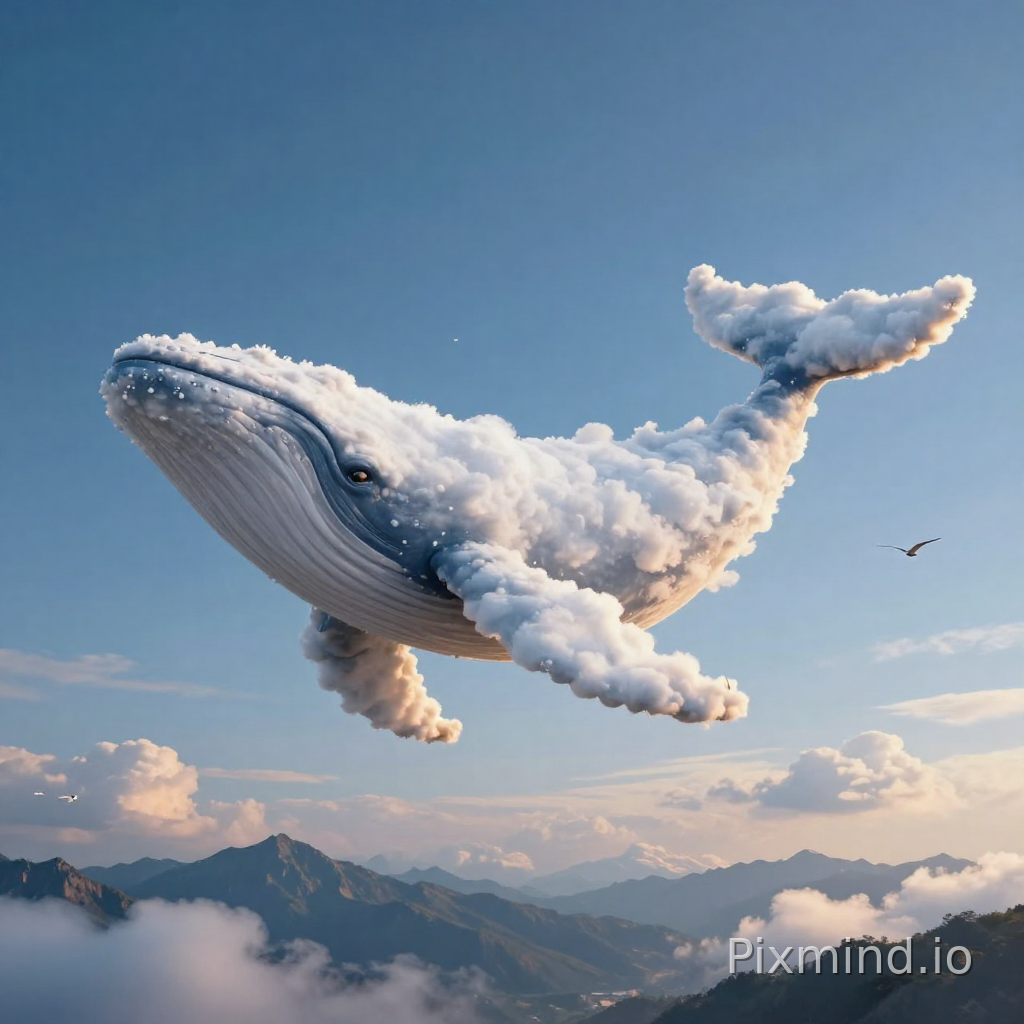 A surreal dreamscape showing a giant whale formed entirely out of white fluffy cumulus clouds, swimming through a deep blue sky above a mountain range. Small birds are flying around the cloud whale. The lighting represents golden hour, illuminating the edges of the cloud shapes. Dreamy atmosphere, fantasy art style, detailed matte painting, sense of wonder and scale.
