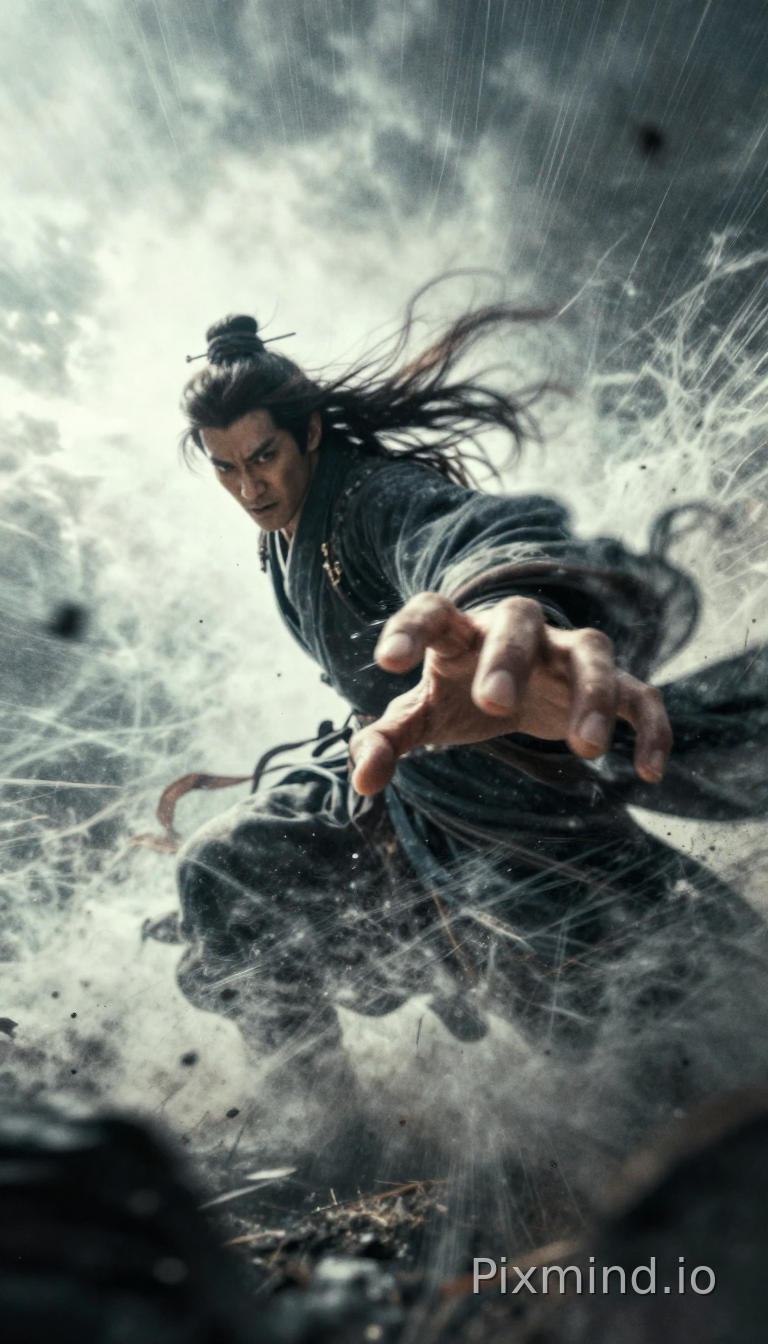 奇幻摄影风格,国风
男子世界里狂风呼啸,空间扭曲变形,巨手带着强大的气势抓向镜头,气流顺着人物面对的方向汹涌而来,杀气腾腾,仿佛要将面前的一切都摧毁,画面采用侧视角,以冷色调为主,增强画面的视觉冲击力。动态模糊强化携带速度线残影,超广角强透视构图,动态模糊边缘虚化,强烈胶片颗粒与高噪点质感,弥散晕染的暗部层次,张力十足,压迫感,细节生动完美。光影彼此交织错的梦幻感,朦胧,过曝,双重曝光,电影级照明,8K画质,超清,极致细节,极致刻画,高对比。动态模糊强化携带速度线残影,超广角强透视,动态模糊边缘虚化,弥散晕染的暗部层次,张力十足,压迫感,细节生动完美。威胁压迫感,明暗对比强烈,阴影过渡自然