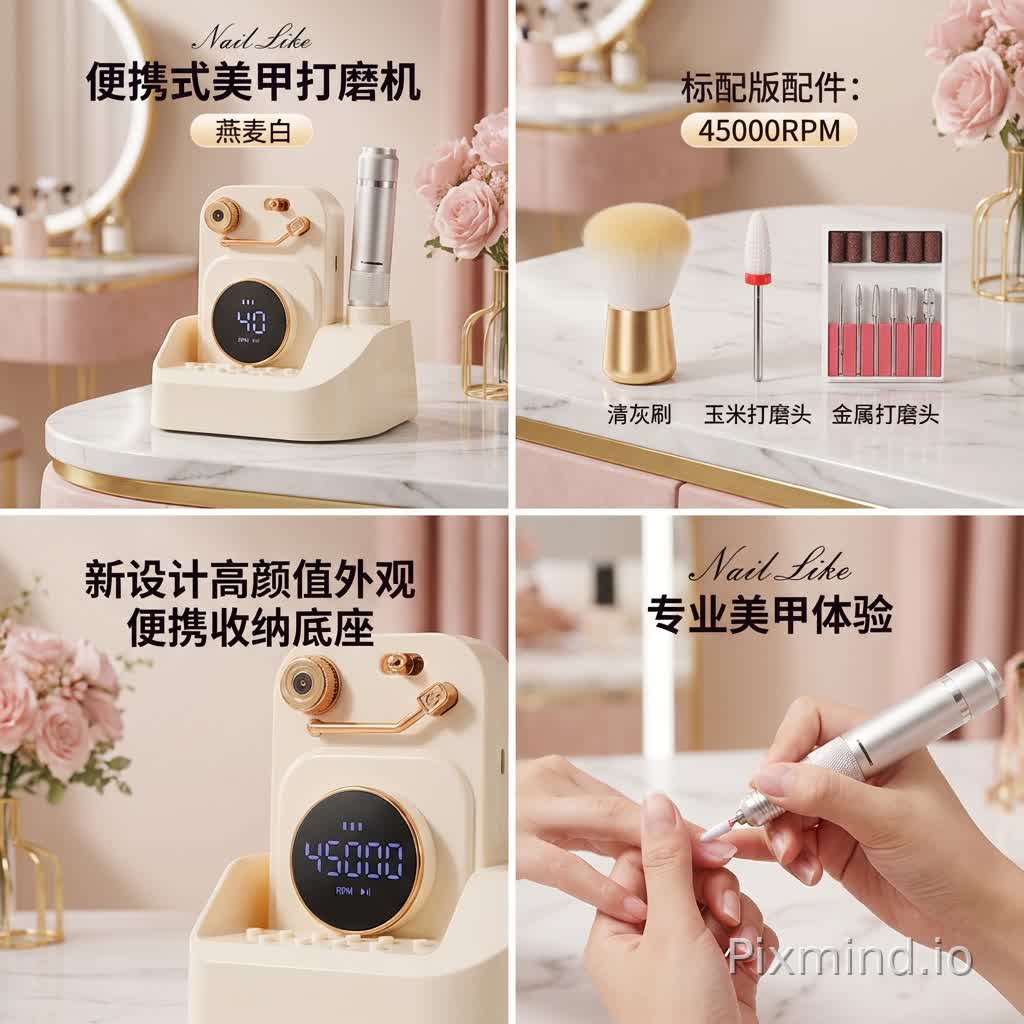 I am a seller on China's Pinduoduo, currently selling nail drill machines online. The first picture is my product image. Please help me create several carousel images with the following requirements: the color tone does not need to be exactly the same as the original image but should be similar, without significant color differences. Replace the product background with the best advertising background, and feel free to design the rest however looks best—be creative and design one freely.