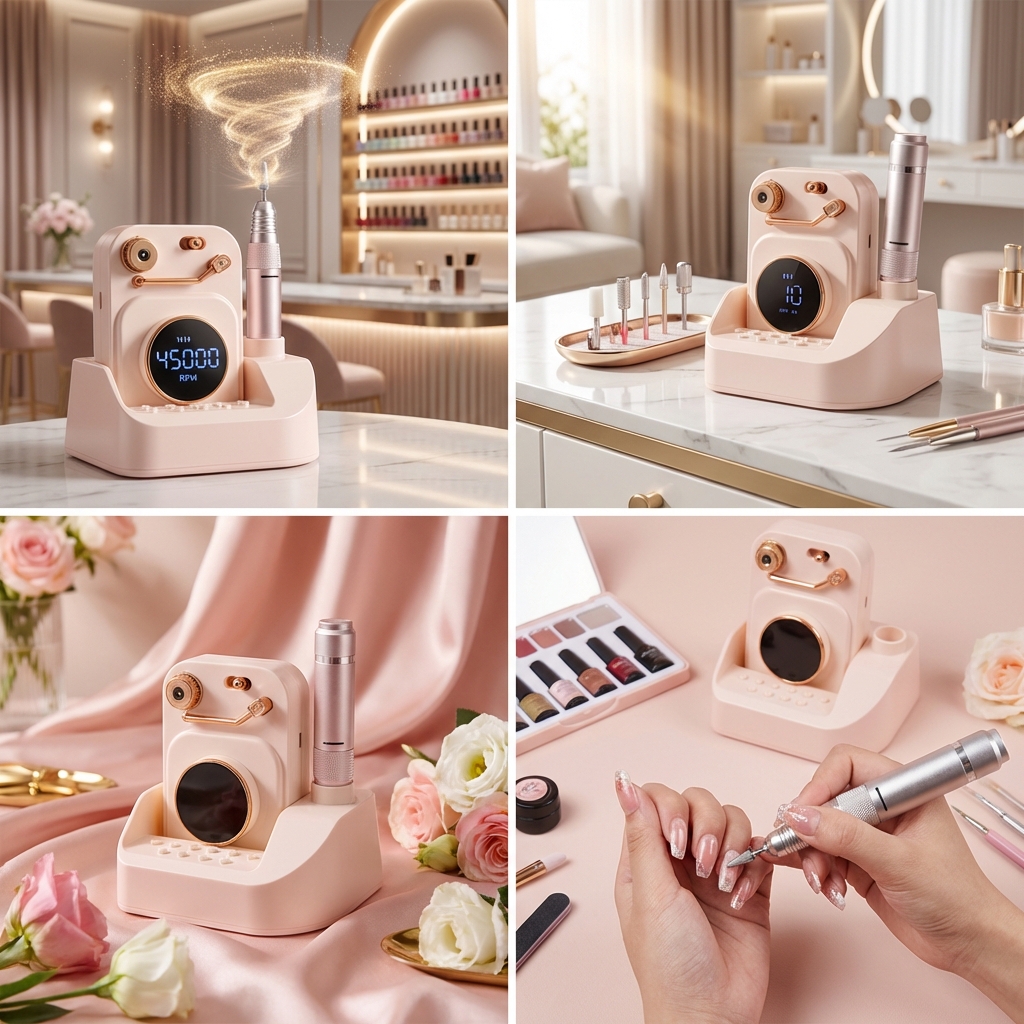 I am a seller on Pinduoduo in China, currently selling nail drills online. This nail drill has a maximum speed of 45,000 RPM and can be adjusted freely across 45 settings. It also comes with a very convenient base for storage, and its appearance is quite stylish. The first image is my product photo. Please refer to the attached pictures and help me create several advertising images. Requirements: The color scheme does not need to match the reference images, and the background can also serve as inspiration. Design a scene based on the product’s strengths, and feel free to create several images.