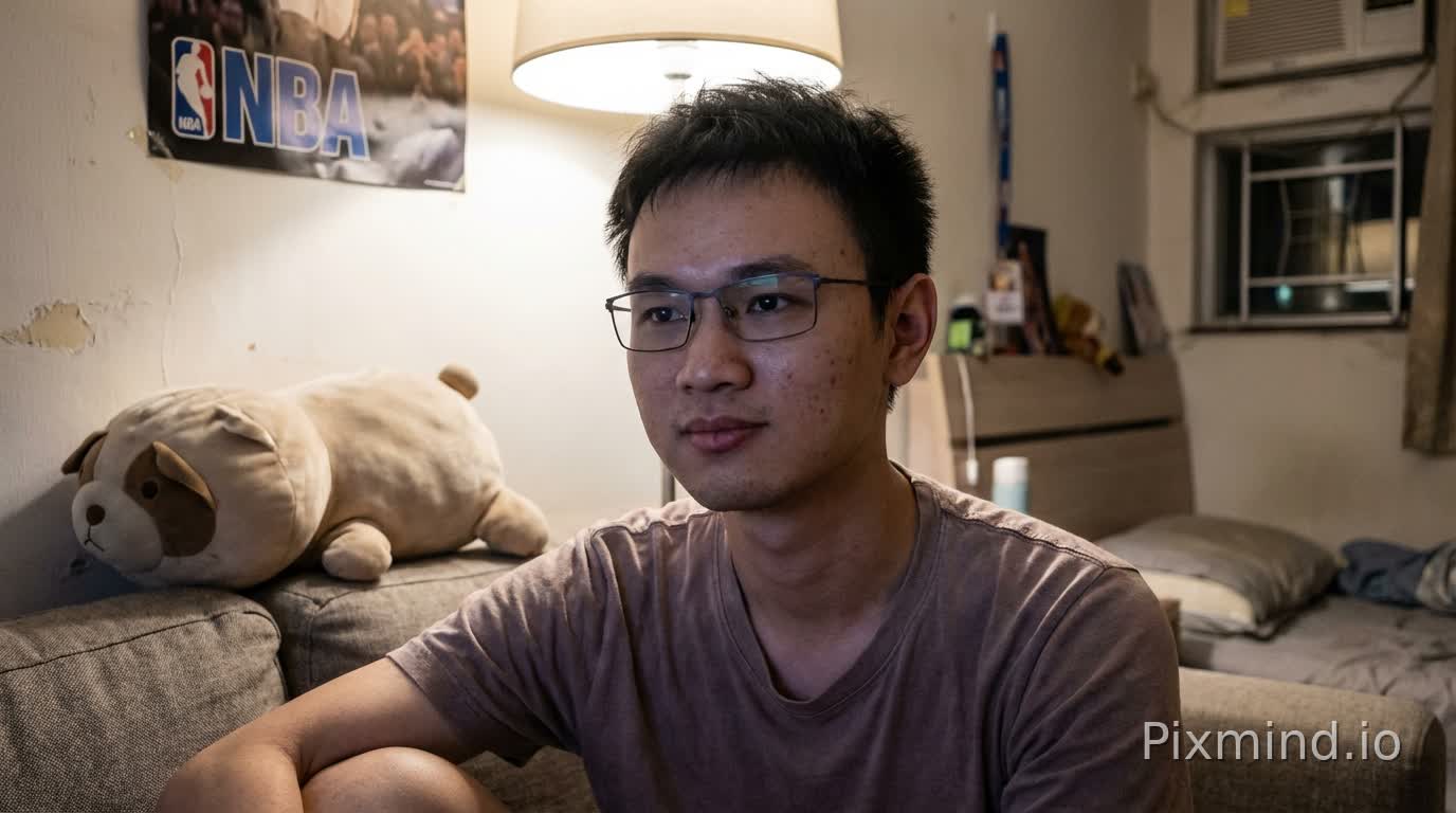 25-30岁中国男性深夜居家写实摄影文案拍摄主体为25-30岁中国男性,人物形象需严格贴合参考图,脸型、五官比例、眉眼结构、鼻唇形态高度还原,杜绝陌生面孔、网红脸及偏离参考图的造型。追求自然耐看的原生质感,五官并非绝对完美,自带生活记忆点,以高度写实状态呈现——允许存在细微真实瑕疵,如轻微肤色不均、淡微小痘印、细密毛孔等原生皮肤特质,摒弃“零瑕疵完美感”,整体宛若真实存在的普通人,而非人工感强烈的模特。发型为参考图中的发型 ,呈现未经刻意打理的微乱感,整体不对称,贴合深夜居家的松弛状态,不刻意规整,尽显不造作的男性魅力。表情放松无刻意管理,带着淡淡的情绪张力,眼神自然灵动,不直视镜头到底,偶有游离闪躲,如同真实聊天中的自然神态,氛围感松弛不僵硬。妆容趋近素颜,仅极淡修饰或无修饰,无明显妆感痕迹。皮肤质感真实可触,毛孔清晰可见,不磨皮、不美颜、无任何滤镜,还原皮肤原生状态,拒绝过度美化。穿搭为贴身居家睡衣或上衣,剪裁简约自然,材质柔软亲肤,贴合身体原生线条,风格保守不暴露,以真实感与疏离感诠释含蓄性感,而非依靠刻意造型营造氛围。构图与场景:采用正面构图(frontal shot),镜头位于人物正前方与眼睛平齐高度,非自拍角度,画面中无相机、手机等拍摄工具出现。人物与镜头距离极近,脸部在画面中占比偏大,强化亲密交流感与轻微压迫感,构图聚焦胸部以上或近景范围,脸部细节清晰可辨,背景呈轻微虚化效果,兼具层次感与真实呼吸感。人物坐姿:坐在沙发靠近中部偏右位置,身体正对镜头,上半身微微前倾。沙发横向贯穿画面或占据中部核心区域,右侧紧邻卧室墙面,沙发状态自然带有轻微褶皱,无刻意整理痕迹,其上放置一个体积偏大的毛绒玩偶,摆放不对称、不刻意,作为长期陪伴的生活物件,传递温暖陪伴感。背景与环境:背景为男性私人卧室,墙面带有真实生活痕迹——NBA挂画略有歪斜、墙面有日常使用痕迹,装饰布局非对称设计,摒弃样板间式的规整感,还原真实居家氛围。整体处于深夜环境,主光源为白色或中性色灯光,光线分布略不均匀,带有轻微自然阴影,符合卧室真实照明逻辑,不追求完美补光,拒绝过度亮化与刻意控光。色调与风格:整体色调偏冷或中性,还原真实色彩,无风格化调色、暖黄滤镜及暧昧光影,不堆砌过度科技感,贴合深夜卧室的原生光线质感。摄影风格为写实纪录风,偏向生活影像质感,以“原生写实主义”(raw realism)为核心,主打亲密距离感(intimate proximity)、不完美之美(imperfect beauty)与男性本真感(female authenticity),氛围静谧内敛(quiet),呈现真实深夜卧室氛围(real nighttime bedroom atmosphere),杜绝商业广告感、摆拍感与棚拍痕迹,保留画面的原生不完美感,传递纯粹的生活本真。