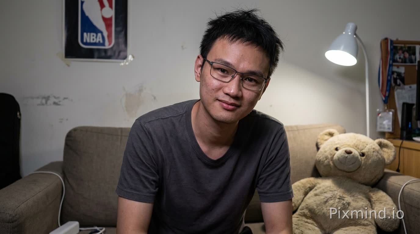 25-30岁中国男性深夜居家写实摄影文案拍摄主体为25-30岁中国男性,人物形象需严格贴合参考图,脸型、五官比例、眉眼结构、鼻唇形态高度还原,杜绝陌生面孔、网红脸及偏离参考图的造型。追求自然耐看的原生质感,五官并非绝对完美,自带生活记忆点,以高度写实状态呈现——允许存在细微真实瑕疵,如轻微肤色不均质,摒弃“零瑕疵完美感”,整体宛若真实存在的普通人,而非人工感强烈的模特。发型为参考图中的发型 ,呈现未经刻意打理的微乱感,整体不对称,贴合深夜居家的松弛状态,不刻意规整,尽显不造作的男性魅力。表情放松无刻意管理,带着淡淡的情绪张力,眼神自然灵动,不直视镜头到底,偶有游离闪躲,如同真实聊天中的自然神态,氛围感松弛不僵硬。妆容趋近素颜,仅极淡修饰或无修饰,无明显妆感痕迹。皮肤质感真实可触,毛孔清晰可见,不磨皮、不美颜、无任何滤镜,还原皮肤原生状态,拒绝过度美化。穿搭为贴身居家睡衣或上衣,剪裁简约自然,材质柔软亲肤,贴合身体原生线条,风格保守不暴露,以真实感与疏离感诠释含蓄性感,而非依靠刻意造型营造氛围。构图与场景:采用正面构图(frontal shot),镜头位于人物正前方与眼睛平齐高度,非自拍角度,画面中无相机、手机等拍摄工具出现。人物与镜头距离极近,脸部在画面中占比偏大,强化亲密交流感与轻微压迫感,构图聚焦胸部以上或近景范围,脸部细节清晰可辨,背景呈轻微虚化效果,兼具层次感与真实呼吸感。人物坐姿:坐在沙发靠近中部偏右位置,身体正对镜头,上半身微微前倾。沙发横向贯穿画面或占据中部核心区域,右侧紧邻卧室墙面,沙发状态自然带有轻微褶皱,无刻意整理痕迹,其上放置一个体积偏大的毛绒玩偶,摆放不对称、不刻意,作为长期陪伴的生活物件,传递温暖陪伴感。背景与环境:背景为男性私人卧室,墙面带有真实生活痕迹——NBA挂画略有歪斜、墙面有日常使用痕迹,装饰布局非对称设计,摒弃样板间式的规整感,还原真实居家氛围。整体处于深夜环境,主光源为白色或中性色灯光,光线分布略不均匀,带有轻微自然阴影,符合卧室真实照明逻辑,不追求完美补光,拒绝过度亮化与刻意控光。色调与风格:整体色调偏冷或中性,还原真实色彩,无风格化调色、暖黄滤镜及暧昧光影,不堆砌过度科技感,贴合深夜卧室的原生光线质感。摄影风格为写实纪录风,偏向生活影像质感,以“原生写实主义”(raw realism)为核心,主打亲密距离感(intimate proximity)、不完美之美(imperfect beauty)与男性本真感(female authenticity),氛围静谧内敛(quiet),呈现真实深夜卧室氛围(real nighttime bedroom atmosphere),杜绝商业广告感、摆拍感与棚拍痕迹,保留画面的原生不完美感,传递纯粹的生活本真。