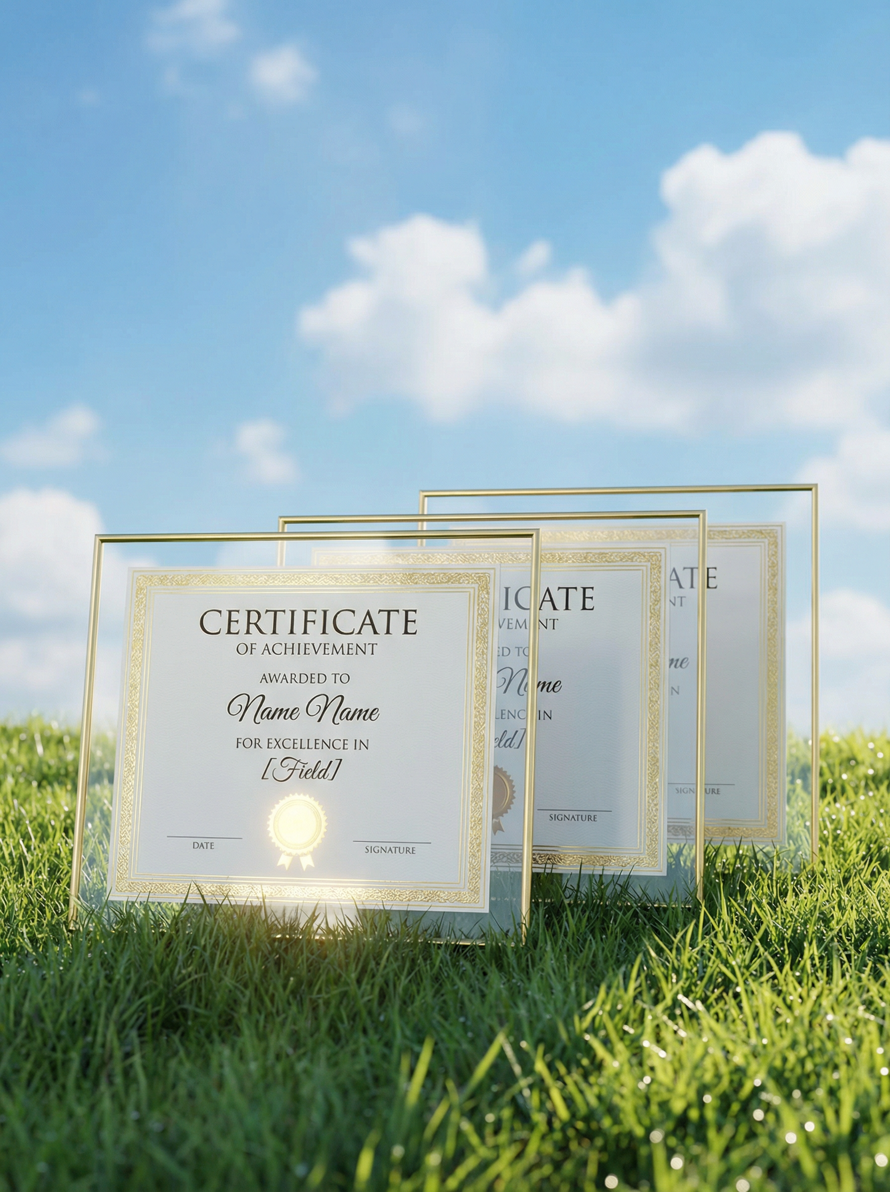Generate a professional certificate display image, 3 certificates placed on the grass (arranged front to back, sense of depth), blue sky background, bright tone, masterpiece, front view, ultra-clear, C4D modeling, Octane render