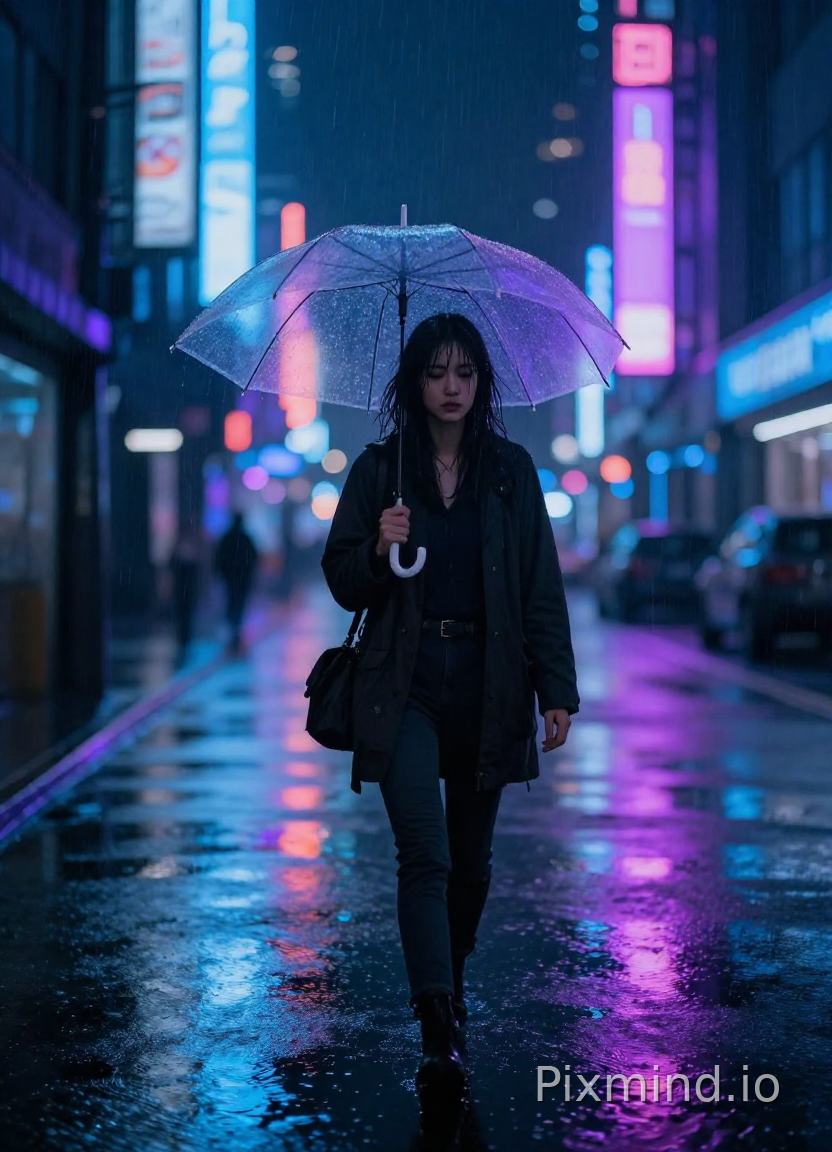 一位年轻女子独自走在一条荒凉的、霓虹灯照亮的赛博朋克街道上的全身照片,下着大雨的夜晚。她撑着一把透明雨伞,反射着周围招牌明亮的蓝色、紫色和粉色。她的黑发微微湿润,贴在脸上。湿漉漉的路面像镜子一样反射着城市灯光。氛围忧郁而电影感十足。雨滴清晰可见。使用85毫米镜头拍摄,f/1.8光圈,城市灯光虚化,黑色电影美学,超写实,8K画质。