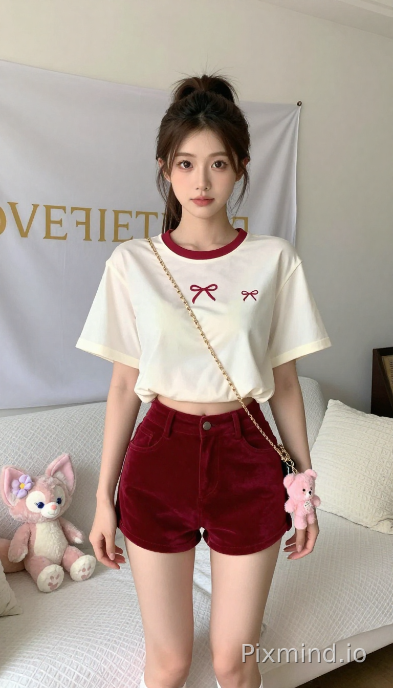 20岁中国美女,韩系ins风,扎着高马尾,大大的眼睛,精致的五官,身材纤细,站姿自然。穿搭:米白色短款宽松短袖T恤,袖口微喇,领口红色细带装饰,胸口小蝴蝶结刺绣;酒红色高腰丝绒短裤;脚穿一双白袜;金色链条斜挎包,包挂粉色毛绒小熊挂件。场景:室内卧室,白色菱格纹沙发,浅灰色背景布印金色英文字母,沙发旁放粉色玲娜贝儿毛绒玩偶,白色针织抱枕。光线:明亮自然光,通透清晰。风格:甜妹日常穿搭,高清质感,真实博主风,无滤镜,细节拉满