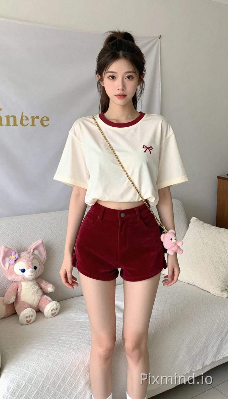 20岁中国美女,韩系ins风,扎着高马尾,大大的眼睛,精致的五官,身材纤细,站姿自然。穿搭:米白色短款宽松短袖T恤,袖口微喇,领口红色细带装饰,胸口小蝴蝶结刺绣;酒红色高腰丝绒短裤;脚穿一双白袜;脚的形状很好;金色链条斜挎包,包挂粉色毛绒小熊挂件。场景:室内卧室,白色菱格纹沙发,浅灰色背景布印金色英文字母,沙发旁放粉色玲娜贝儿毛绒玩偶,白色针织抱枕。光线:明亮自然光,通透清晰。风格:甜妹日常穿搭,高清质感,真实博主风,无滤镜,细节拉满