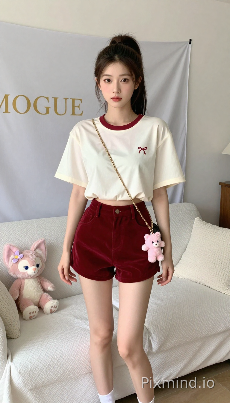 20岁中国美女,韩系ins风,扎着高马尾,大大的眼睛,精致的五官,身材纤细,站姿自然。穿搭:米白色短款宽松短袖T恤,袖口微喇,领口红色细带装饰,胸口小蝴蝶结刺绣;酒红色高腰丝绒短裤;脚穿一双白袜;脚的形状很好;金色链条斜挎包,包挂粉色毛绒小熊挂件。场景:室内卧室,白色菱格纹沙发,浅灰色背景布印金色英文字母,沙发旁放粉色玲娜贝儿毛绒玩偶,白色针织抱枕。光线:明亮自然光,通透清晰。风格:甜妹日常穿搭,高清质感,真实博主风,无滤镜,细节拉满