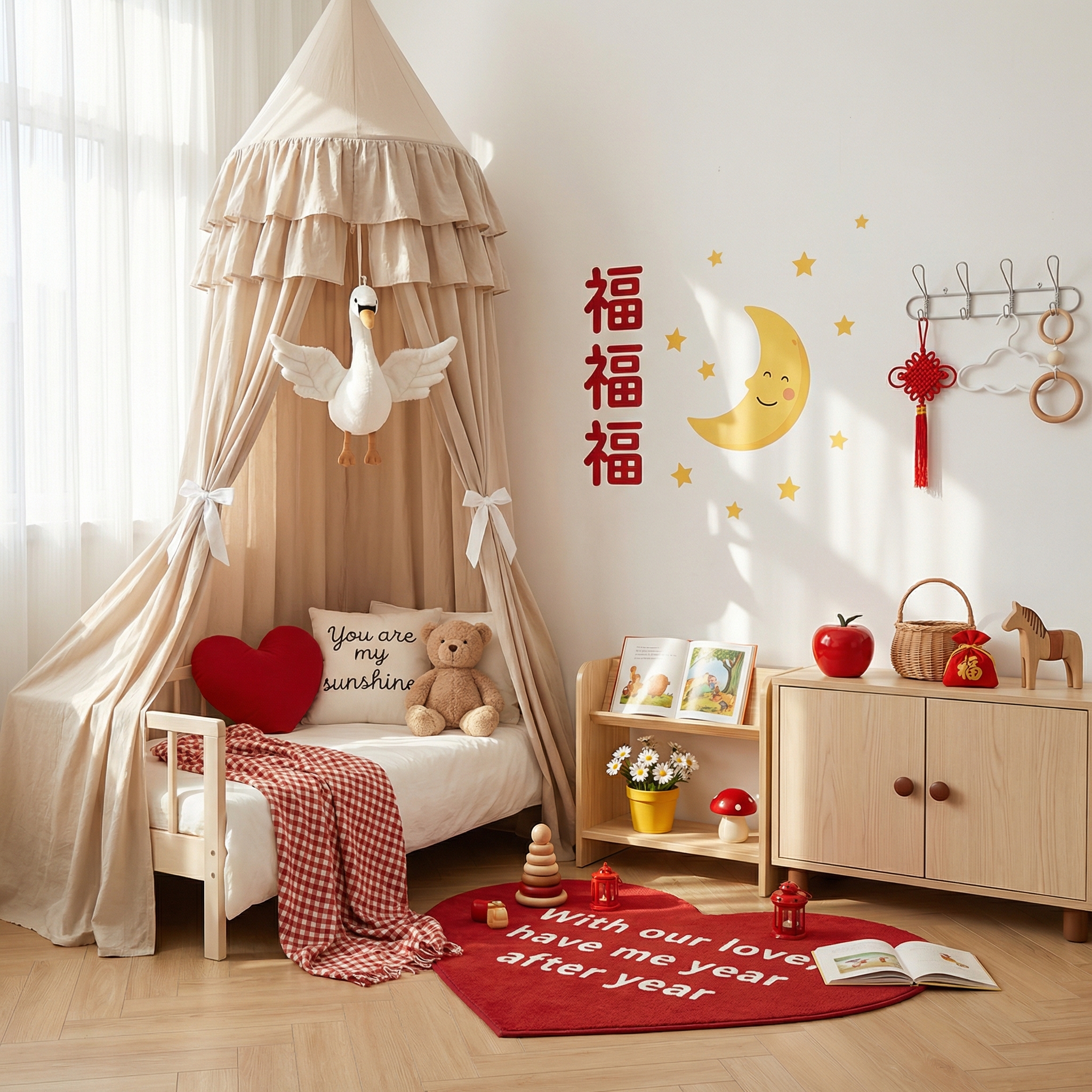 A detailed AI image prompt for the described children's room:
**Style & Mood**: A warm, cozy, and cute children's room with a festive and sweet atmosphere, soft natural lighting, a clean and tidy layout, highly detailed, vibrant colors, 8K resolution, and photorealistic rendering.
**Room & Environment**: Bright white walls, light wooden floor, soft sunlight streaming through a window with white sheer curtains, creating a warm glow. Overall clean and tidy with gentle shadows.
**Furniture**:
- Left side: A small daybed with a beige canopy (tiered ruffled top, soft fabric, tied with white bows at corners), from which hangs a white swan plush toy with outstretched wings.
- Daybed details: White bed sheet, red heart-shaped pillow, white pillow with "You are my sunshine" text, light brown teddy bear plush, and a casually draped red-and-white checkered blanket over the edge.
- Right side: A light wood low cabinet (two doors with round brown knobs), with a red ceramic apple, woven basket, red "auspicious" pouch, and small wooden horse figurine on top.
- Adjacent to the cabinet: A small wooden shelf with open compartments, containing an open book, a yellow flowerpot with white daisy flowers, and a red mushroom-shaped trinket.
**Decorations**:
- Wall art: Vertical red "福" (fortune/blessing) characters (multiple stacked), a yellow crescent moon wall decal with a smiling face, and small yellow star stickers.
- Hooks on the wall: A metal hook rack with a red Chinese knot, a white cloud-shaped hanger, and wooden ring decor.
- Floor: A heart-shaped red carpet with white text "With our love, have me year after year", with scattered items: a wooden stacking toy, red lantern-shaped trinkets, and an open book.
**Color Palette**: Cream, white, light wood tones as the base; red as the primary accent (for "福" characters, heart-shaped pillow, apple, carpet text, and pouch); touches of yellow (moon, daisies), light brown (teddy bear, wooden items), and soft beige (canopy, curtains) for warmth.
**Atmosphere**: Festive yet childlike, cozy, sweet, blending traditional Chinese elements (e.g., "福" characters) with playful decor, evoking a warm, loving, and joyful vibe.