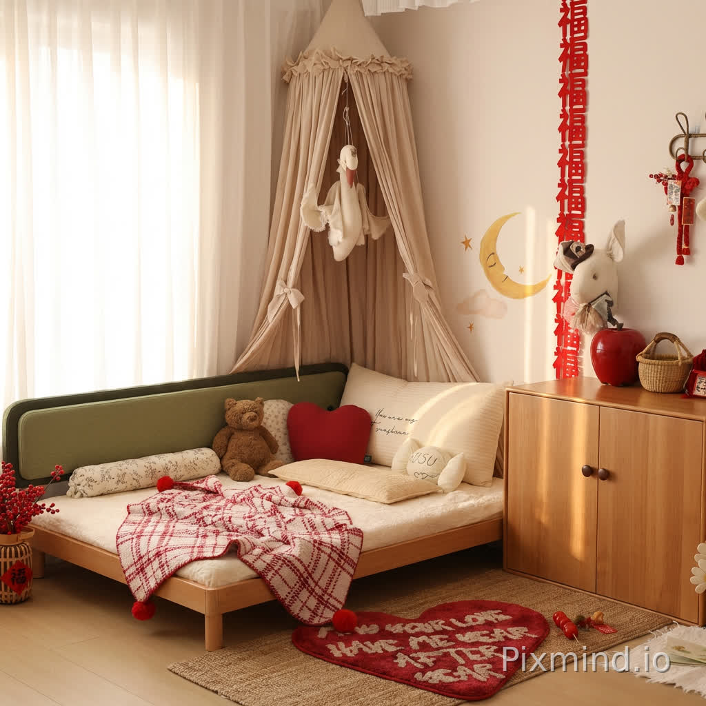 Create a children's room combining the soft furnishings from Image 1 and Image 2, replacing the bed with the product from Image 2. Create a complete view of the bedroom space based on the angle of the actual photo.