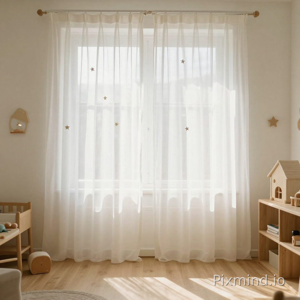 The room is filled with soft, natural light filtering through sheer white curtains, creating a warm, inviting, and festive atmosphere perfect for a child's space.