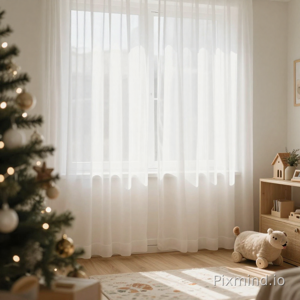 The room is filled with soft, natural light filtering through sheer white curtains, creating a warm, inviting, and festive atmosphere perfect for a child's space.