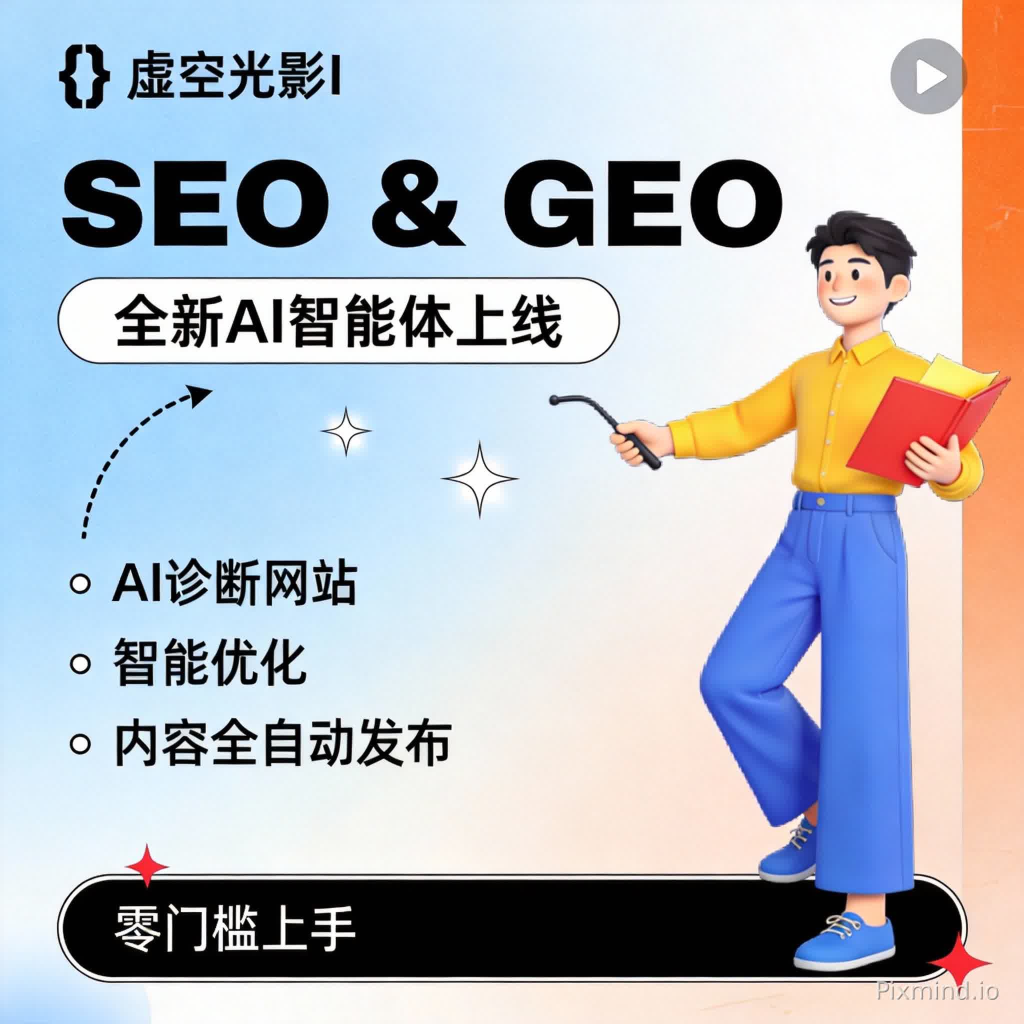 **详细AI图像提示(宣传海报):**
**核心概念**:为虚空光影新品“AI智能体”设计的现代、专业宣传海报,采用简洁扁平风格,搭配活力色彩渐变、简约插画及清晰有力的排版。
**风格与氛围**:明亮、科技感强、亲和力足;专业且引人入胜,适合产品发布公告场景。
**背景**:浅蓝色与白色柔和渐变背景,点缀微妙圆角图形;右侧边缘融入温暖橙色渐变,整体表面干净光滑,带有轻微纸张或数字画布纹理。
**左上角元素**:
- 虚空光影标志:代码风格符号“{}”(黑色,几何块状设计),右侧紧跟“虚空光影I”文字,采用简洁现代无衬线字体(黑色,14-16磅,符号右侧对齐)。
**右上角元素**:
- 小型灰色圆形播放按钮(直径24px,半透明,内有白色箭头),带白色“▶”图标,位于右上角,暗示视频内容。
**中央标题区**:
- 大号加粗主标题:“SEO & GEO”(全大写黑色无衬线字体,40-45磅,居中排布,“SEO”与“&”、“GEO”之间有轻微间距);标题下方:白色矩形横幅(高80px、宽320px,圆角设计),居中文字“全新AI智能体上线”(黑色无衬线字体,28-32磅,清晰易读,与蓝色背景形成对比)。
**功能描述(左侧)**:
- 三个项目符号(黑色无衬线字体,16-18磅,左对齐,垂直间距均匀):“AI诊断网站”“智能优化”“内容全自动发布”;
- 装饰元素:黑色虚线箭头(弯曲,从项目符号指向主标题),两个小红星(半径5-7px,带白色高光突出)位于项目符号与标题之间。
**右侧插画**:
- 年轻男性:黑色短发,友好表情(微微笑),穿亮黄色长袖衬衫(合身休闲款)、蓝色高腰裤(宽松直筒)、蓝色休闲鞋(平底,鞋带可见);
- 姿态:自信站姿,单腿承重,左手持红色折叠文件夹(顶部露出黄色纸张,300dpi细节,纸张纹理自然),右手握黑色指示棒(细、微弯,手臂前伸);
- 身体朝向:略向左转,头部转向观众,形成互动感。
**底部元素**:
- 黑色矩形横幅(高40px、宽120px,圆角,细白色边框),内含白色文字“零门槛上手”(小无衬线字体,12-14磅,居中,横幅左侧对齐)。
**配色方案**:主色调(浅蓝、白、黑);点缀色(红色-星星、黄色-衬衫、橙色-背景渐变、蓝色-裤子/鞋子/虚空光影标志)。
**技术要求**:高分辨率,文字与图形边缘锐利,柔和阴影营造元素深度感;插画人物表情友好、亲和力强,增强互动性。
**整体构图**:布局平衡,关键元素(标题、功能)居中或左对齐,人物位于右侧引导视线流动,形成视觉统一且信息清晰的宣传设计。