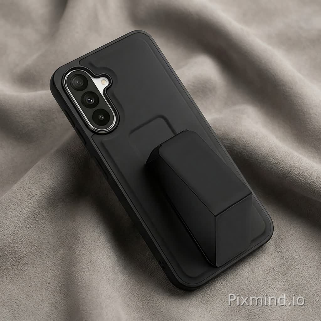 根据专业电商产品摄影,黑色手机壳,固定产品角度和摆放姿态不改变,背景是高级哑光麂皮布料,布料有自然柔和的褶皱,细腻布料纹理,柔和中性影棚灯光,细腻投影,轻奢极简风格,无杂乱元素,无文字无LOGO,8K超高清,超写实,锐利对焦,高级质感,适合跨境电商详情页和副图展示,不改变产品的位置和角度
