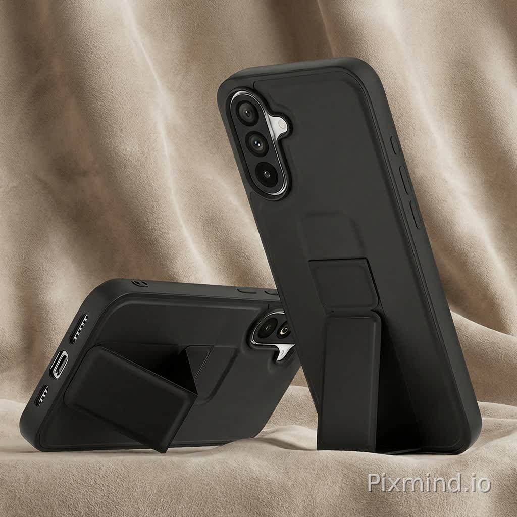 根据专业电商产品摄影,黑色手机壳,固定产品角度和摆放姿态不改变,背景是高级哑光麂皮布料,布料有自然柔和的褶皱,细腻布料纹理,柔和中性影棚灯光,细腻投影,轻奢极简风格,无杂乱元素,无文字无LOGO,8K超高清,超写实,锐利对焦,高级质感,适合跨境电商详情页和副图展示,不改变产品的位置和角度