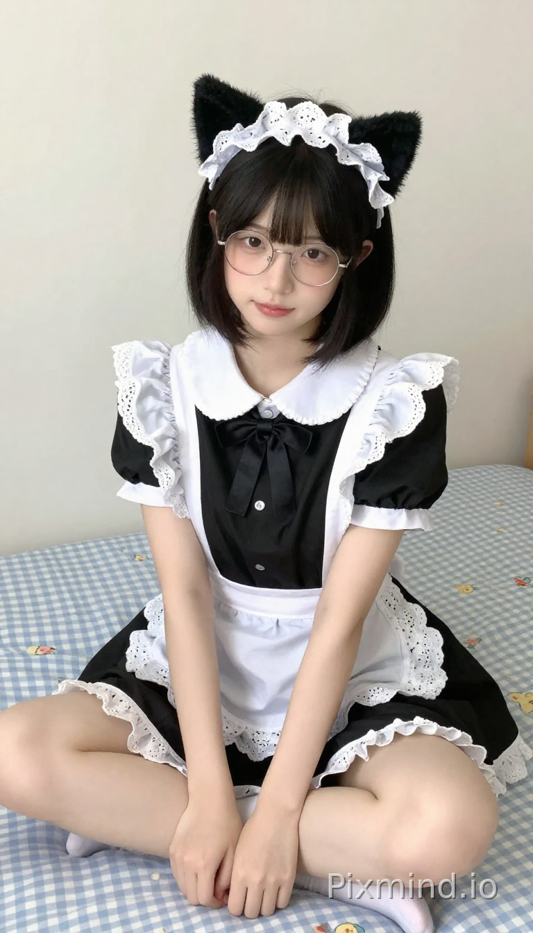 一位留着黑色短发和齐刘海的年轻女子,戴着圆框透明眼镜,表情平静,嘴角带着一丝微笑,盘腿坐在床上,姿态轻柔自然。她身着经典的黑白女仆装:黑色短袖连衣裙,袖口和领口有白色蕾丝镶边,白色彼得潘领,领边有精致的蕾丝,胸前系着黑色领结。头上戴着白色蕾丝发带,上面有黑色猫耳,增添了几分可爱。她身后的床上铺着浅蓝色和白色格子的床罩,上面有淡雅的花卉图案,背景是一面素净的浅色墙壁。整个场景光线柔和,细节丰富,皮肤纹理自然,整体营造出一种可爱又温柔的氛围。