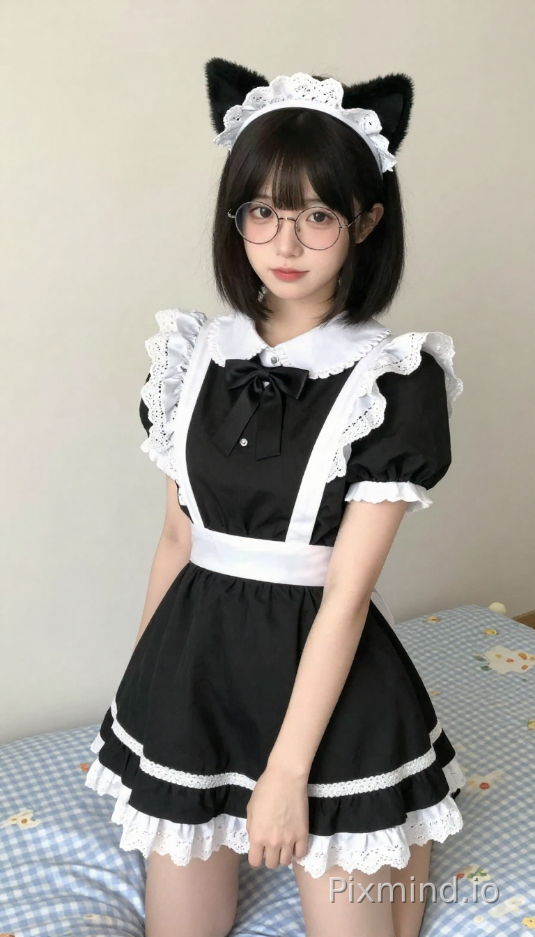 一位留着黑色短发和齐刘海的年轻女子,戴着圆框透明眼镜,表情平静,嘴角带着一丝微笑,站在床上,姿态轻柔自然。她身着经典的黑白女仆装:黑色短袖连衣裙,袖口和领口有白色蕾丝镶边,白色彼得潘领,领边有精致的蕾丝,胸前系着黑色领结。头上戴着白色蕾丝发带,上面有黑色猫耳,增添了几分可爱。她身后的床上铺着浅蓝色和白色格子的床罩,上面有淡雅的花卉图案,背景是一面素净的浅色墙壁。整个场景光线柔和,细节丰富,皮肤纹理自然,整体营造出一种可爱又温柔的氛围。