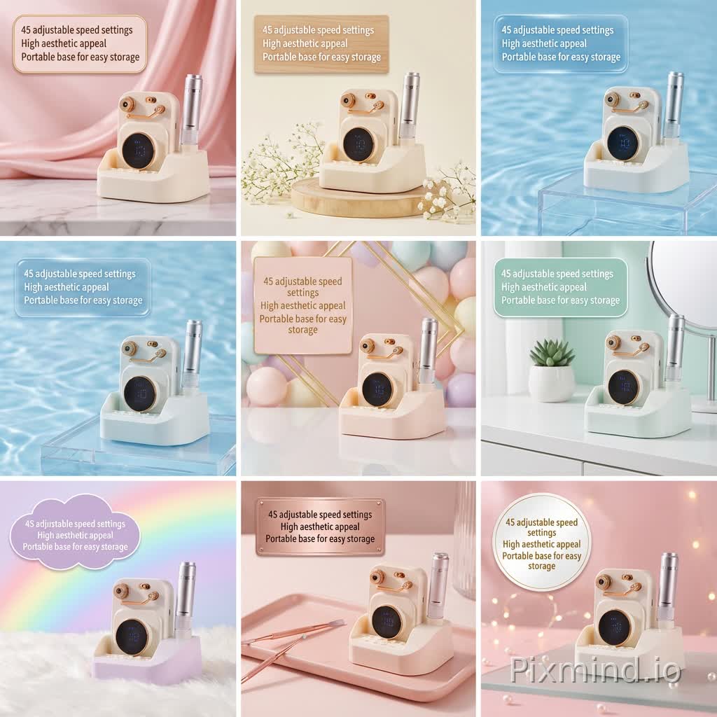 I am a seller on Pinduoduo, currently selling nail drill machines online. The first image is my product photo. Please create 8 completely different carousel images based on existing reference designs. The requirements are as follows:
The background should be clean and simple — avoid overly flashy designs that may distract from the product's visual appeal.
Position the product slightly to the right, but ensure it remains the focal point so buyers can immediately notice it.
Reserve space in the top-left corner for selling points and include a selling points display box with the following text:
45 adjustable speed settings
High aesthetic appeal
Portable base for easy storage
Choose an advertising background that complements the product and aligns with a youthful, feminine style.
Beyond these guidelines, feel free to design creatively — focus on making the visuals attractive and engaging.
Each of the 8 images should have a unique layout, background, and design style, while maintaining consistency in brand messaging and aesthetic direction.