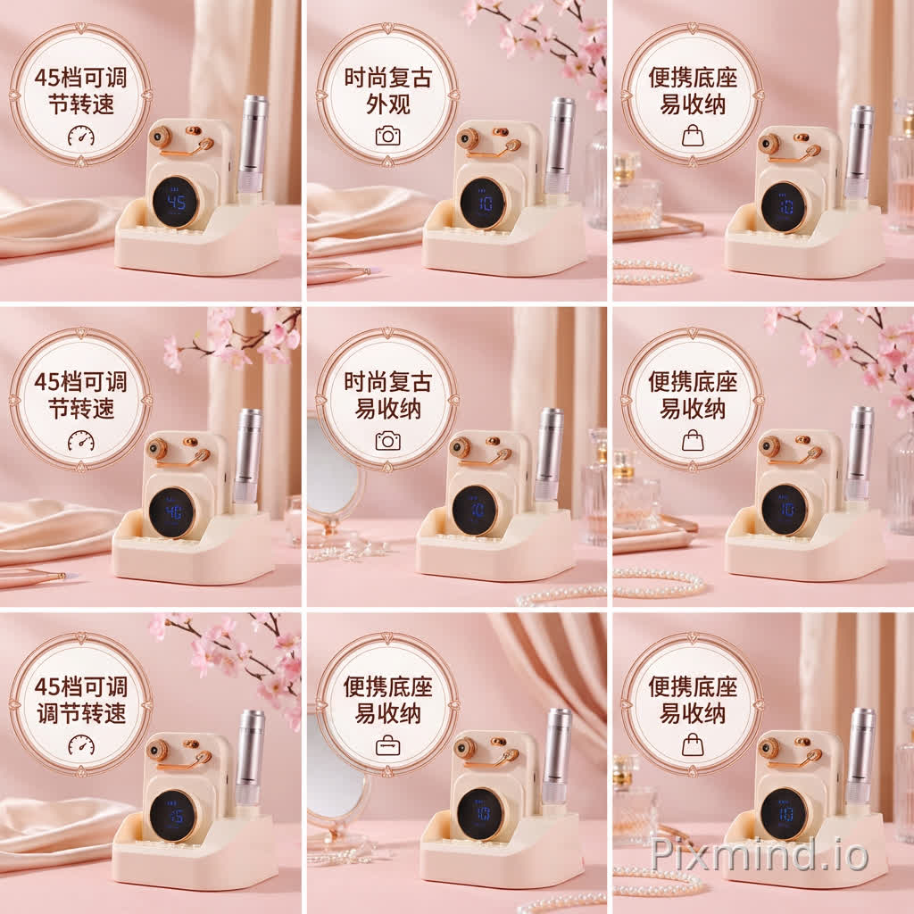 I am a seller on Pinduoduo, currently selling nail drill machines online. The first image is my product photo. Please create 8 carousel images for me with the following requirements: The color tone doesn't need to match the original exactly, but the background should not be overly flashy—keep it relatively simple to avoid distracting from the overall look. Position the product slightly to the right, leaving some space in the top-left corner for selling points. Please include a dedicated area or frame to highlight the key features, along with corresponding text. The selling points are: 45 adjustable speed settings, stylish design, and a portable base for easy storage. The main background should complement the product in an advertising-style setting, with an overall aesthetic leaning toward a youthful, feminine style. Beyond that, feel free to design as you see fit—just make it visually appealing.