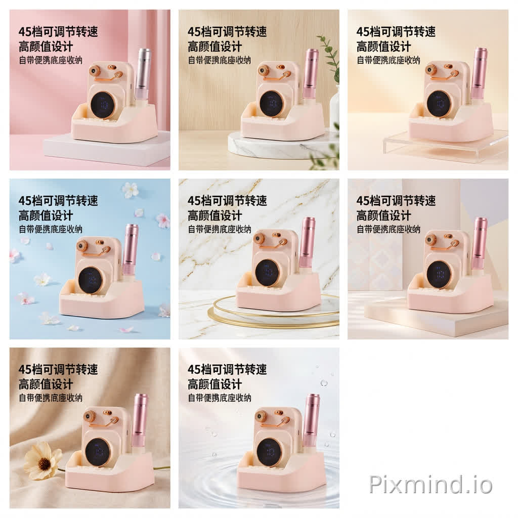 I am a seller on Pinduoduo, currently selling nail drill machines online. The first image is my product photo. Please help me design 8 completely different carousel images for promotional use, with the following requirements:
Refer to other existing carousel images for design inspiration.
Keep the background clean and simple—avoid overly flashy designs that may distract from the product.
Position the product slightly to the right, leaving space in the top-left corner for selling points.
Include a selling points display box with the following key features:
45 adjustable speed settings
High aesthetic appeal
Comes with a portable base for easy storage
Choose an advertising background that complements the product and aligns with a youthful, feminine aesthetic.
Beyond these guidelines, feel free to design creatively—make it visually appealing and engaging.
Please ensure each of the 8 images has a unique layout, background, and design style while maintaining consistency in brand messaging and visual appeal.