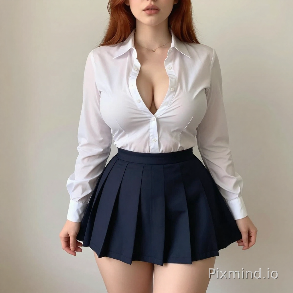 Girl in her twentys with red hair, blue eyes, medium-large breasts (second cup size C) and a medium-large, beautiful, full bottom. Very short schoolgirl skirt in and low-cut white blouse. weight 60kg and more short skirt