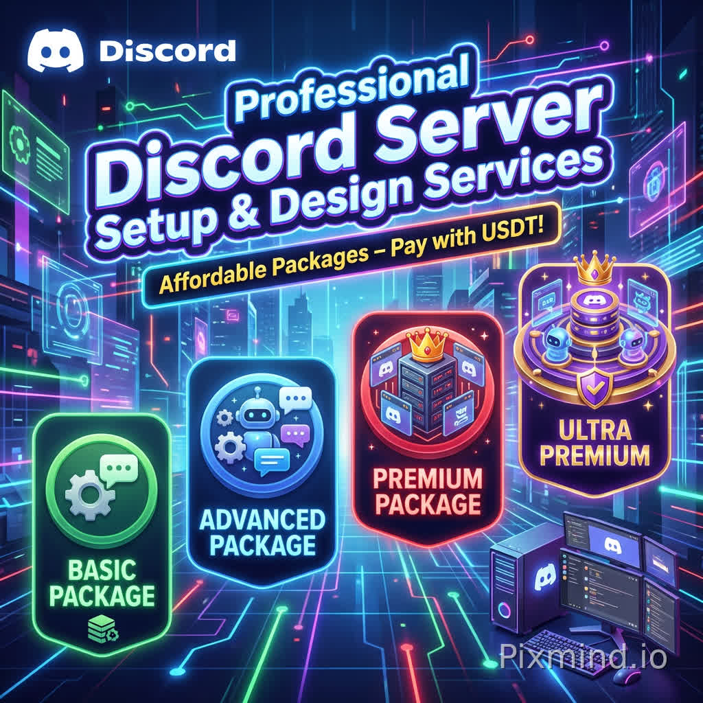 Create a highly vibrant and eye-catching promotional Discord banner.
- Include colorful neon lights and futuristic design
- Show icons for each package:
๐ข Basic Package: small simple server icon
๐ต Advanced Package: medium server icon with bots
๐ด Premium Package: large server icon with advanced setup
๐ Ultra Premium: luxurious, multi-channel server icon with many bots
- Include Discord logo, chat bubbles, computer/PC graphics
- Place bold text: "Professional Discord Server Setup & Design Services"
- Add a small banner: "Affordable Packages โ Pay with USDT!"
- Use dynamic lighting, 3D elements, and clear layout for Discord viewing
- Background should be futuristic, clean, and gamer-friendly
- Make it attractive for gamers, content creators, and server owners
- Highlight each package with distinct color and icon