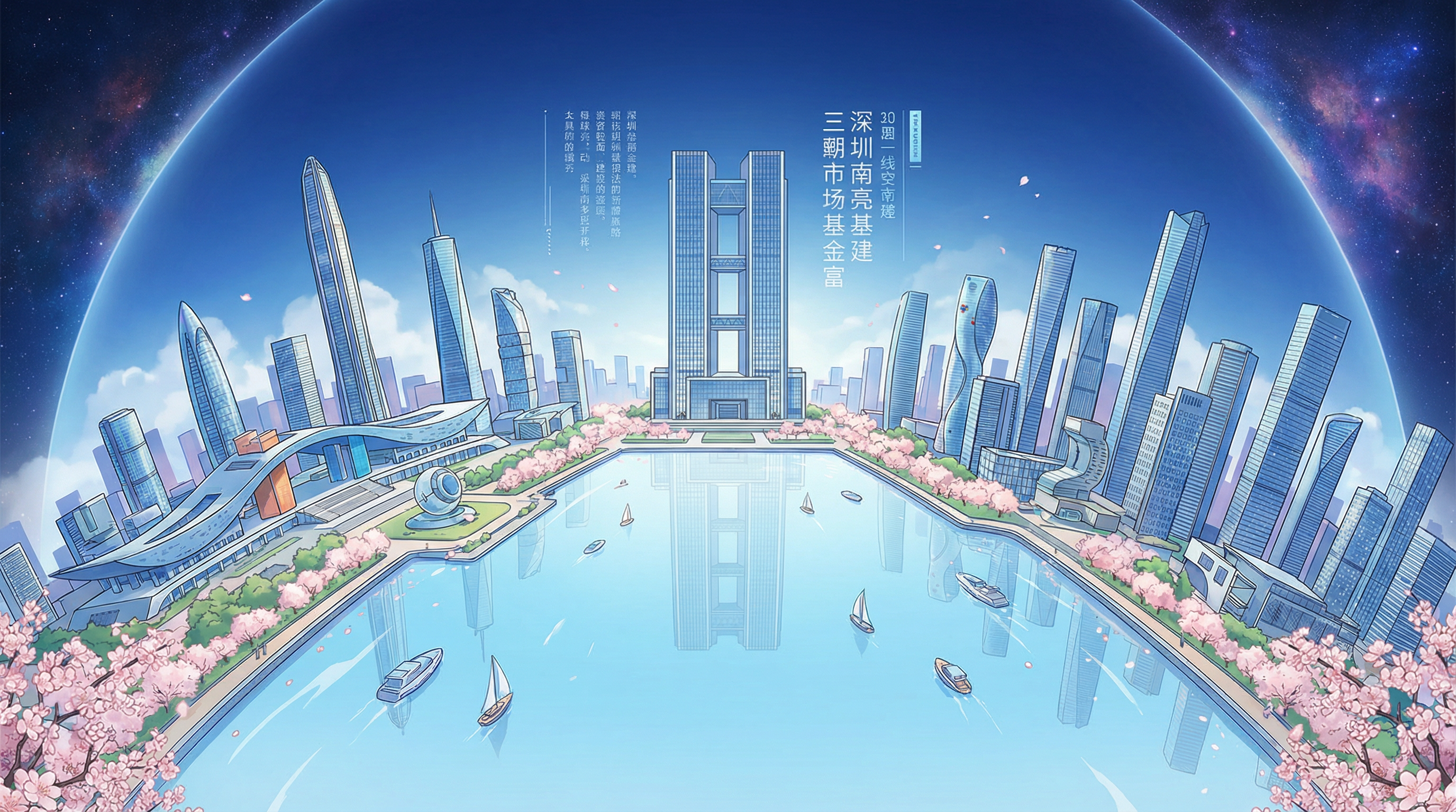 Main screen design,Main screen design,KV,Fisheye perspective:1.4,Overlooking,tech feel,surreal art,Shenzhen urban landscape illustration, with the Shenzhen Southern Fund Building as the core scene, adopts a symmetrical layout: the left side is the iconic building of Shenzhen, and the right side is the modern skyscraper. The architectural shapes are scattered and the details are clear. The center is a wide light blue water body, smooth as a mirror, dotted with small boats. The deep blue sky is clean and concise overall, with fresh and bright colors, presenting a delicate and transparent texture through soft diffused lightcurved horizon,Cosmic background,spring atmosphere,strong perspective,ultra-high resolution,32K UHD,masterpiece,font and other detail design,exquisite layout,high detail,best quality,