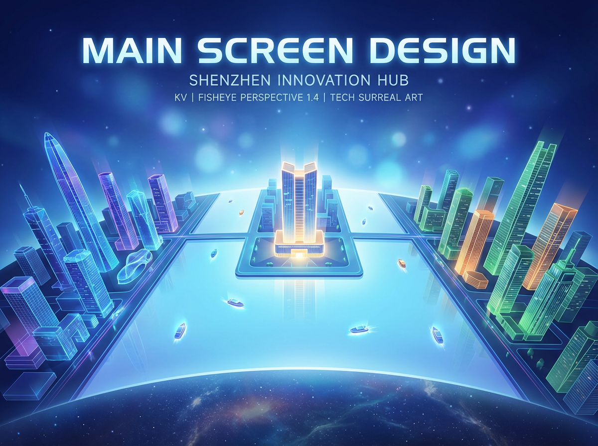 Main screen design,Main screen design,KV,Fisheye perspective:1.4,Overlooking,tech feel,surreal art,Shenzhen urban landscape illustration, with the Shenzhen Southern Fund Building as the core scene, adopts a symmetrical layout: the left side is the iconic building of Shenzhen, and the right side is the modern skyscraper. The architectural shapes are scattered and the details are clear. The center is a wide light blue water body, smooth as a mirror, dotted with small boats. The deep blue sky is clean and concise overall, with fresh and bright colors, presenting a delicate and transparent texture through soft diffused lightcurved horizon,Cosmic background,spring atmosphere,strong perspective,ultra-high resolution,32K UHD,masterpiece,font and other detail design,exquisite layout,high detail,best quality,