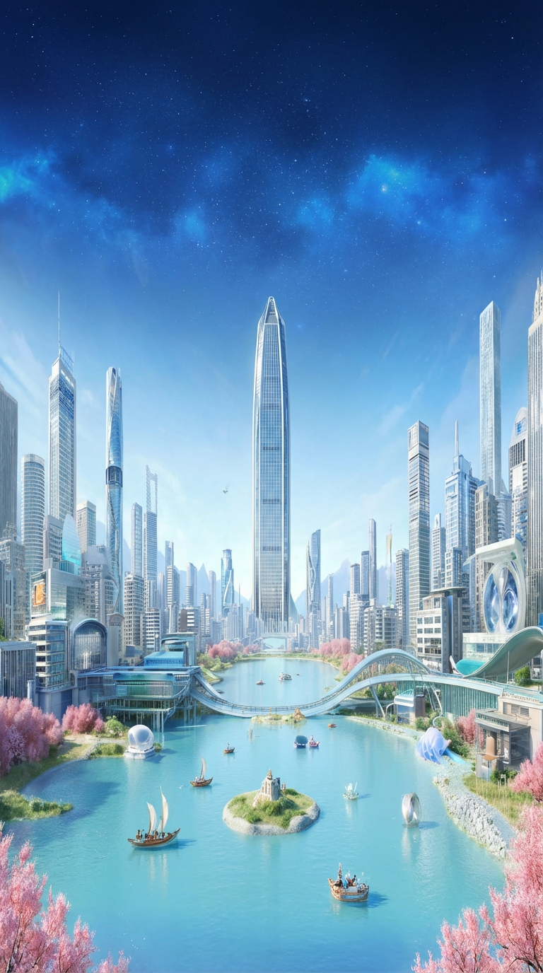 Main screen design,Main screen design,KV,Fisheye perspective:1.4,Overlooking,tech feel,surreal art,Shenzhen urban landscape illustration, with the Shenzhen Southern Fund Building as the core scene, adopts a symmetrical layout: the left side is the iconic building of Shenzhen, and the right side is the modern skyscraper. The architectural shapes are scattered and the details are clear. The center is a wide light blue water body, smooth as a mirror, dotted with small boats. The deep blue sky is clean and concise overall, with fresh and bright colors, presenting a delicate and transparent texture through soft diffused lightcurved horizon,Cosmic background,spring atmosphere,strong perspective,ultra-high resolution,32K UHD,masterpiece,font and other detail design,exquisite layout,high detail,best quality,