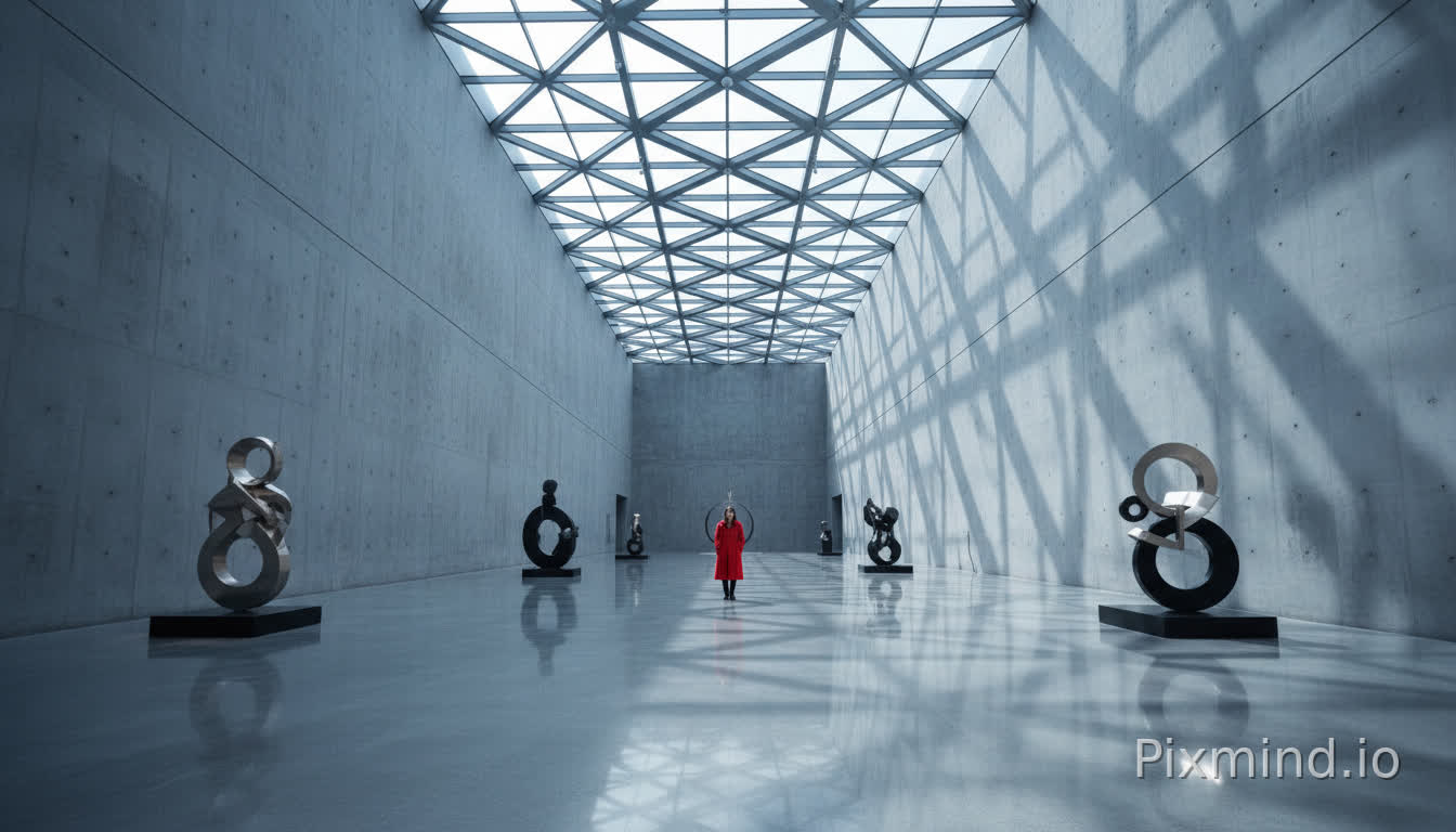 Interior wide shot of a minimalist modern art museum gallery. The space features high concrete walls, a polished concrete floor reflecting the artworks, and a complex geometric skylight casting sharp, angular shadows on the floor. A single person in a red coat stands in the distance for scale. Perfect linear perspective, symmetry, architectural photography, cool color tone, soft daylight, 16mm wide-angle lens.