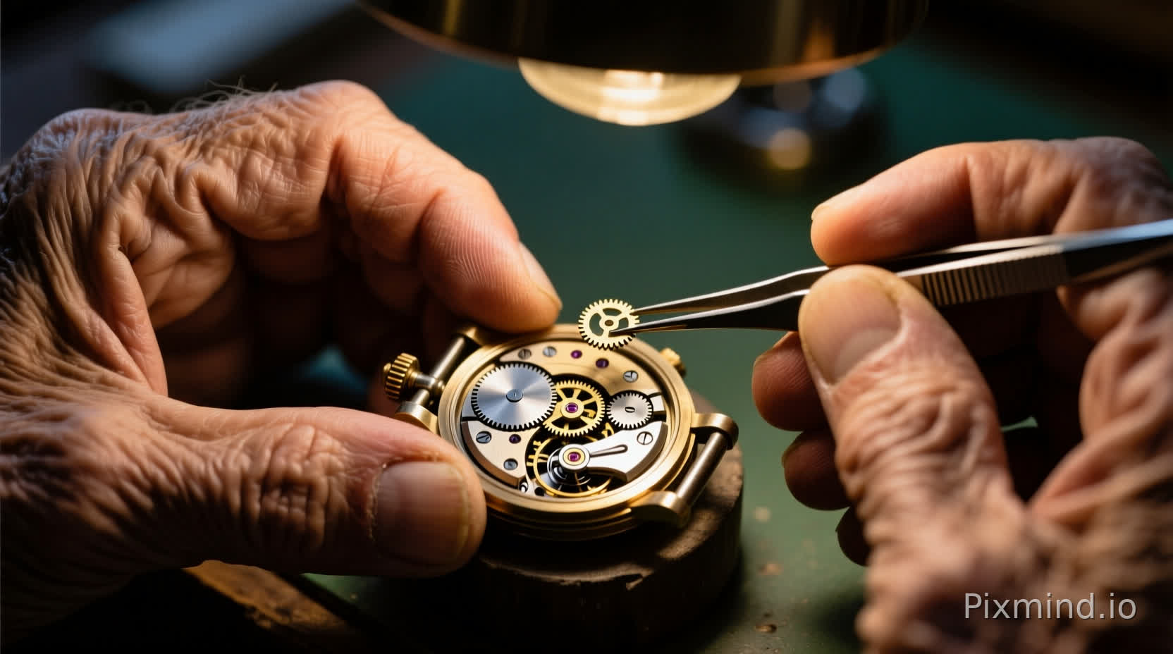 A close-up shot of an elderly watchmaker's hands working on the intricate internal mechanism of a vintage mechanical watch. His wrinkled, weathered fingers are holding delicate tweezers and a tiny gear. The metal parts of the watch are gleaming under a warm desk lamp. The focus is strictly on the fingers and the watch movement. High contrast, detailed skin texture, realistic shadows, macro photography, showing the tension in the hands.