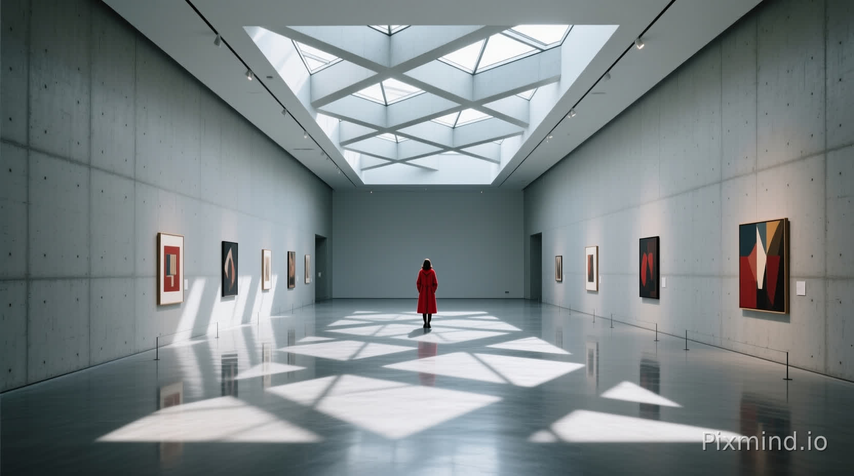 Interior wide shot of a minimalist modern art museum gallery. The space features high concrete walls, a polished concrete floor reflecting the artworks, and a complex geometric skylight casting sharp, angular shadows on the floor. A single person in a red coat stands in the distance for scale. Perfect linear perspective, symmetry, architectural photography, cool color tone, soft daylight, 16mm wide-angle lens.