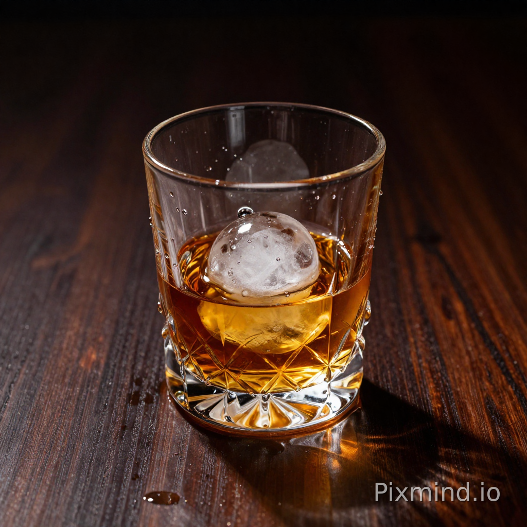 A product photography shot of a crystal rock glass filled with amber whiskey and a single large clear ice sphere. The glass sits on a dark, polished mahogany table. Harsh rim lighting creates dramatic caustic patterns on the wood surface. Condensation droplets cling to the side of the glass. The ice creates complex refractions. Dark moody atmosphere, ray-tracing rendering style, sharp focus, 8k.