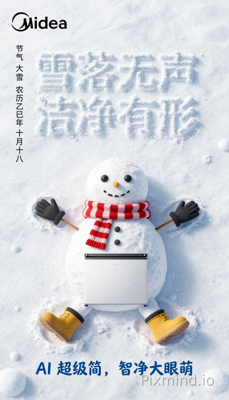 主风格:极简清新的冬日节气营销海报,大雪节气主题,美的冰箱品牌宣传 画面核心: 一台白色美的法式冰箱置于洁白雪地中央,被堆成 “雪人” 造型,搭配红白格纹针织围巾、黄色雪地靴和黑色手套,四肢以人类手臂和靴子呈现,躺平姿态,在雪地上压出人形轮廓 冰箱上方用雪雕出立体大字:“雪落无声 洁净有形”,字体凹陷嵌入雪地,质感松软真实 画面左上角竖排小字:“节气 大雪 农历乙巳年 十月十八”,底部蓝色手写体文案:“AI 超级简,智净大眼萌” 顶部黑色品牌标识:“美的” 氛围与质感: 明亮柔和的冬日自然光,雪地反射冷调白光,整体色调以纯白为主,点缀家电的深灰、围巾的红、靴子的黄,色彩对比干净明快 画面干净治愈,充满冬日氛围感与创意趣味性,传递品牌 “安静洁净” 的产品卖点